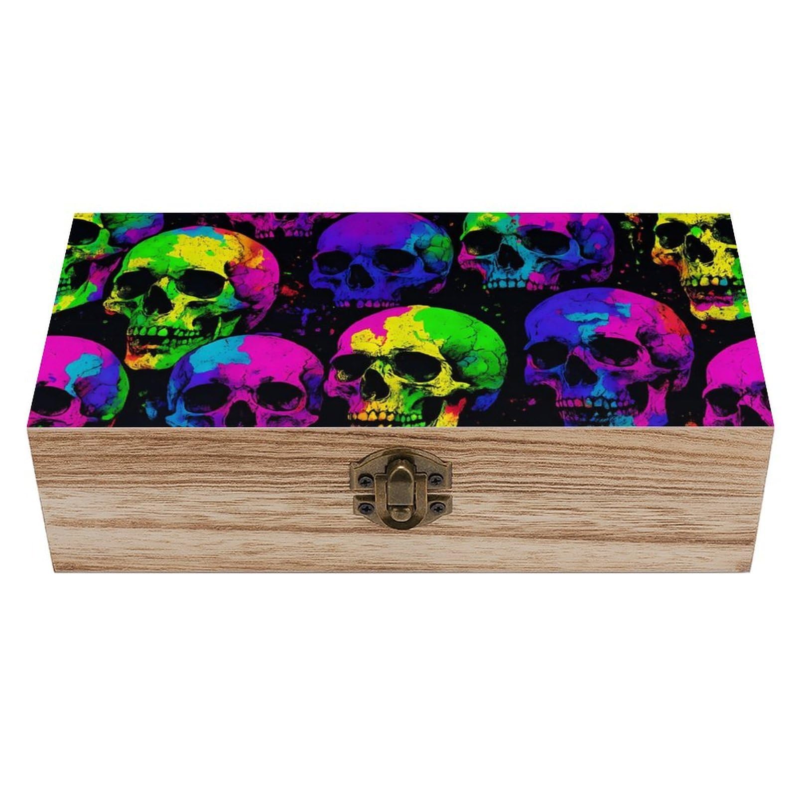 Oudrspo Neon Colorful Skulls Retro Wooden Storage Box Keepsake Jewelry Decorative Art Storages Box Gift Boxs