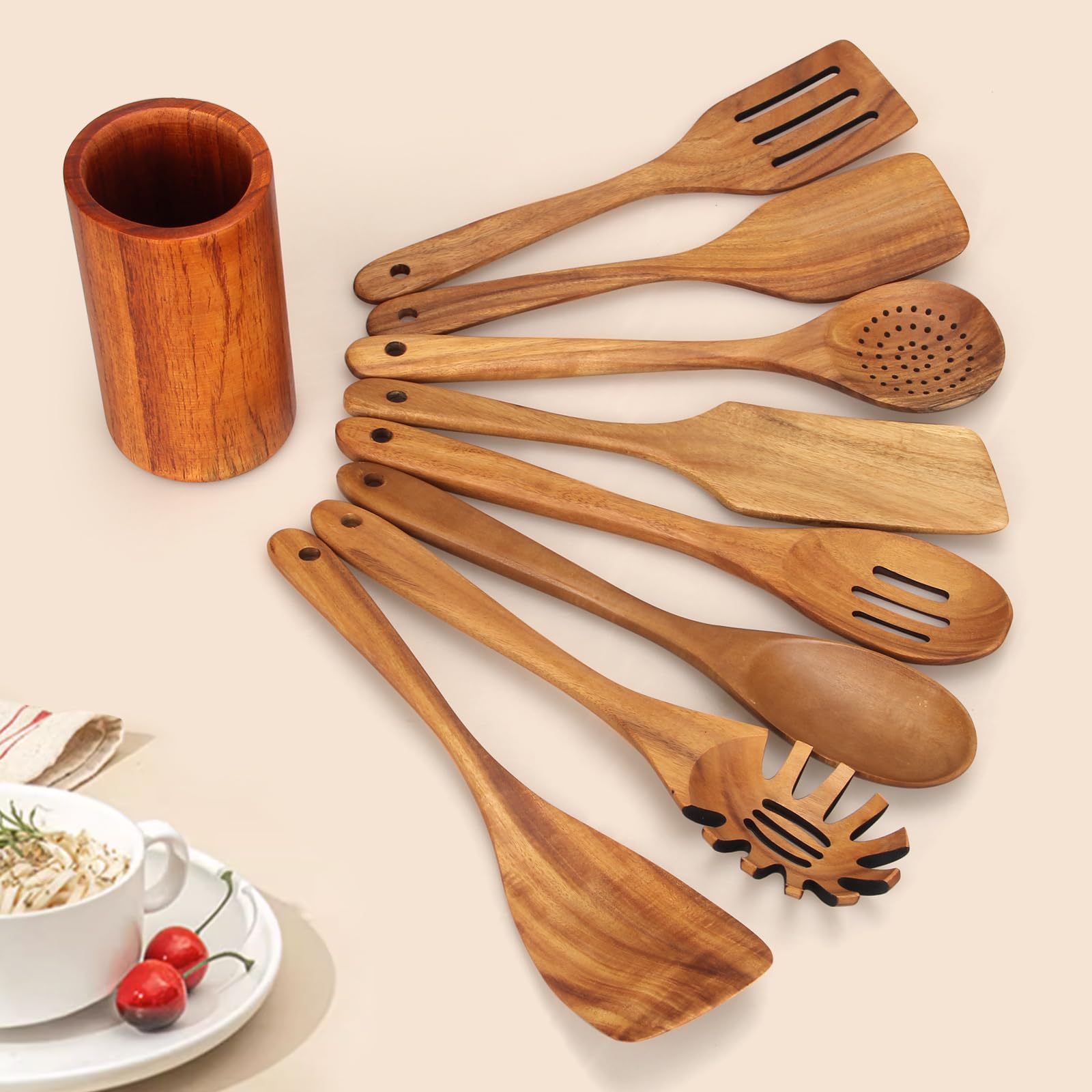 9 cucharas de madera para utensilios de cocina con soporte para utensilios, juego de utensilios de cocina de madera de teca, espátula plana de madera, cucharas de mezcla de cocina, cuchara de