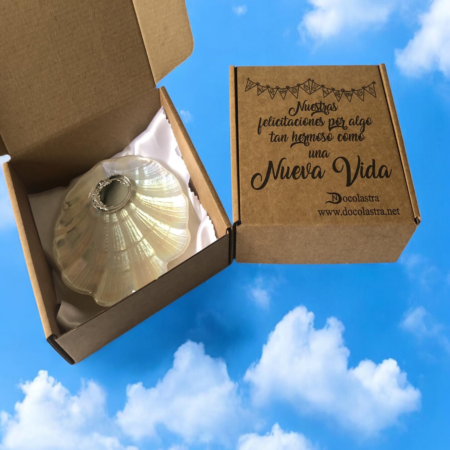 Concha de Bautizo Personalizada en Cristal Nacarado con Ovalo Plateado o Dorado.Opcion de añadir Pañuelo o Bolsa de Bautizo (OVALO DORADO)