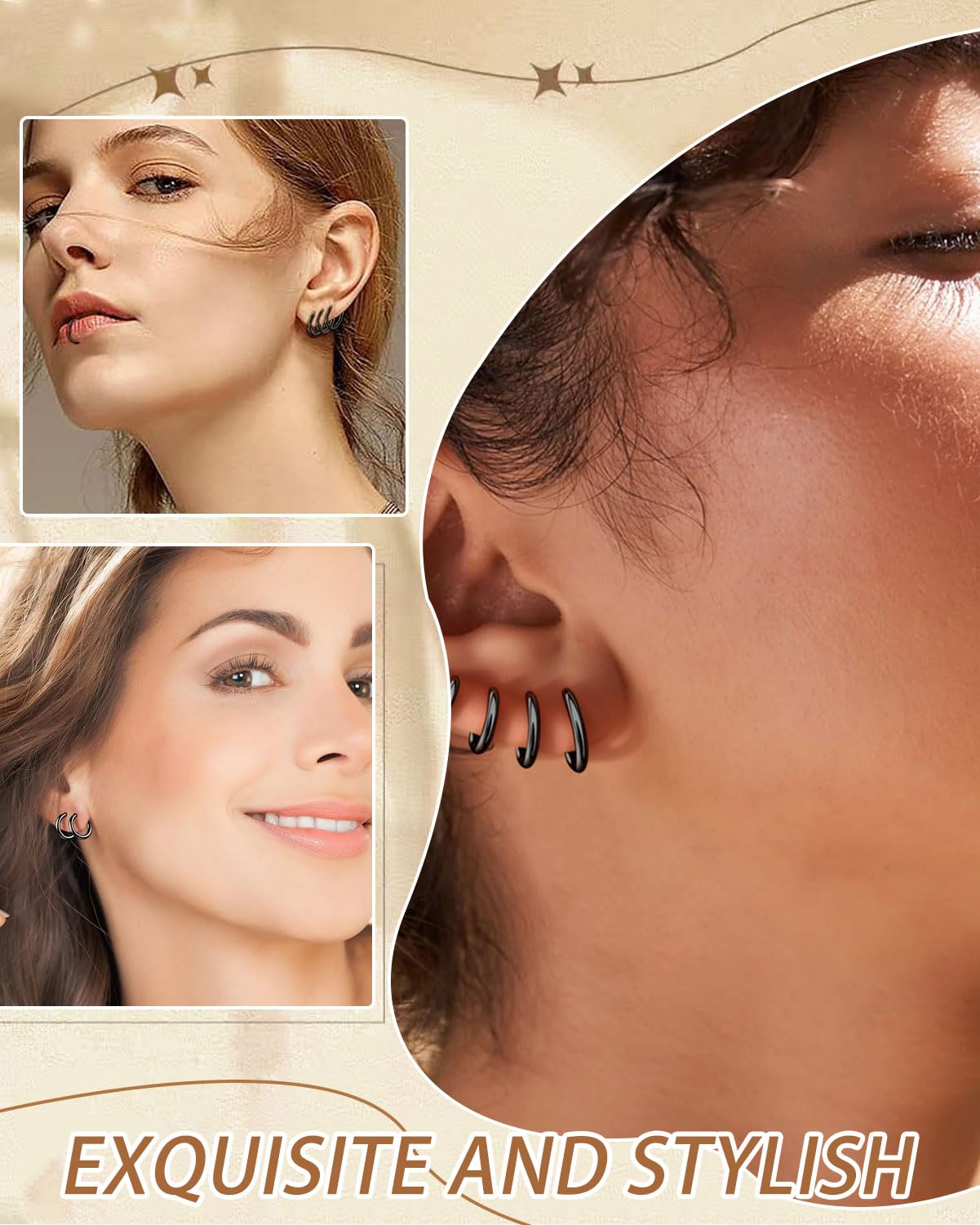 Set di 4 paia orecchini finti senza buco in acciaio inossidabile, Orecchini clip, cerchio, anello ear cuff, per creare un look moderno e senza piercing, Con borsa portaoggetti, Argento/Nero