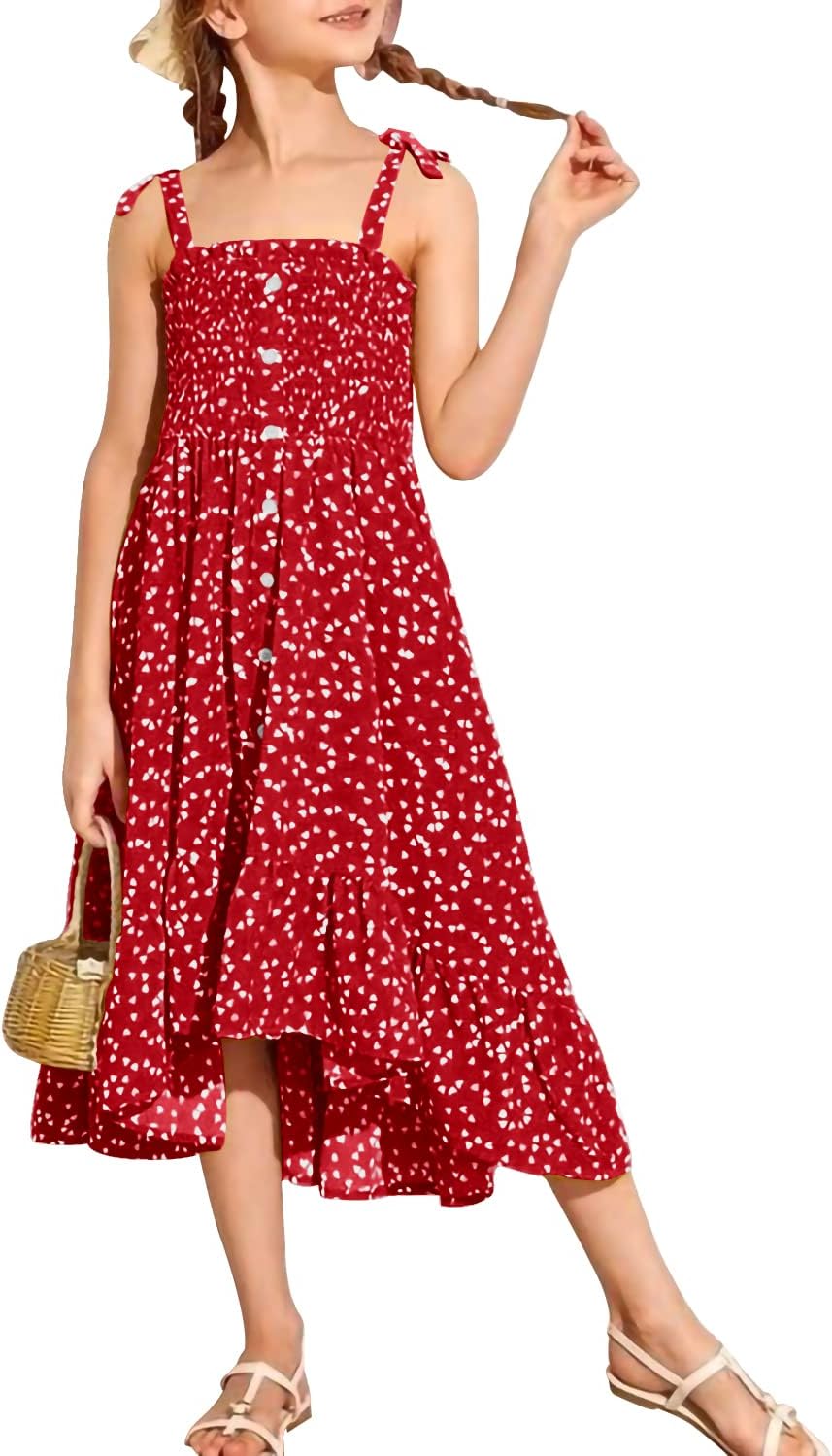 Rolmama Girls Summer Dress Kids Sleeveless Tie Strap Boho Beach Midi Dress Smocked Ruffle Flowy Sundresses