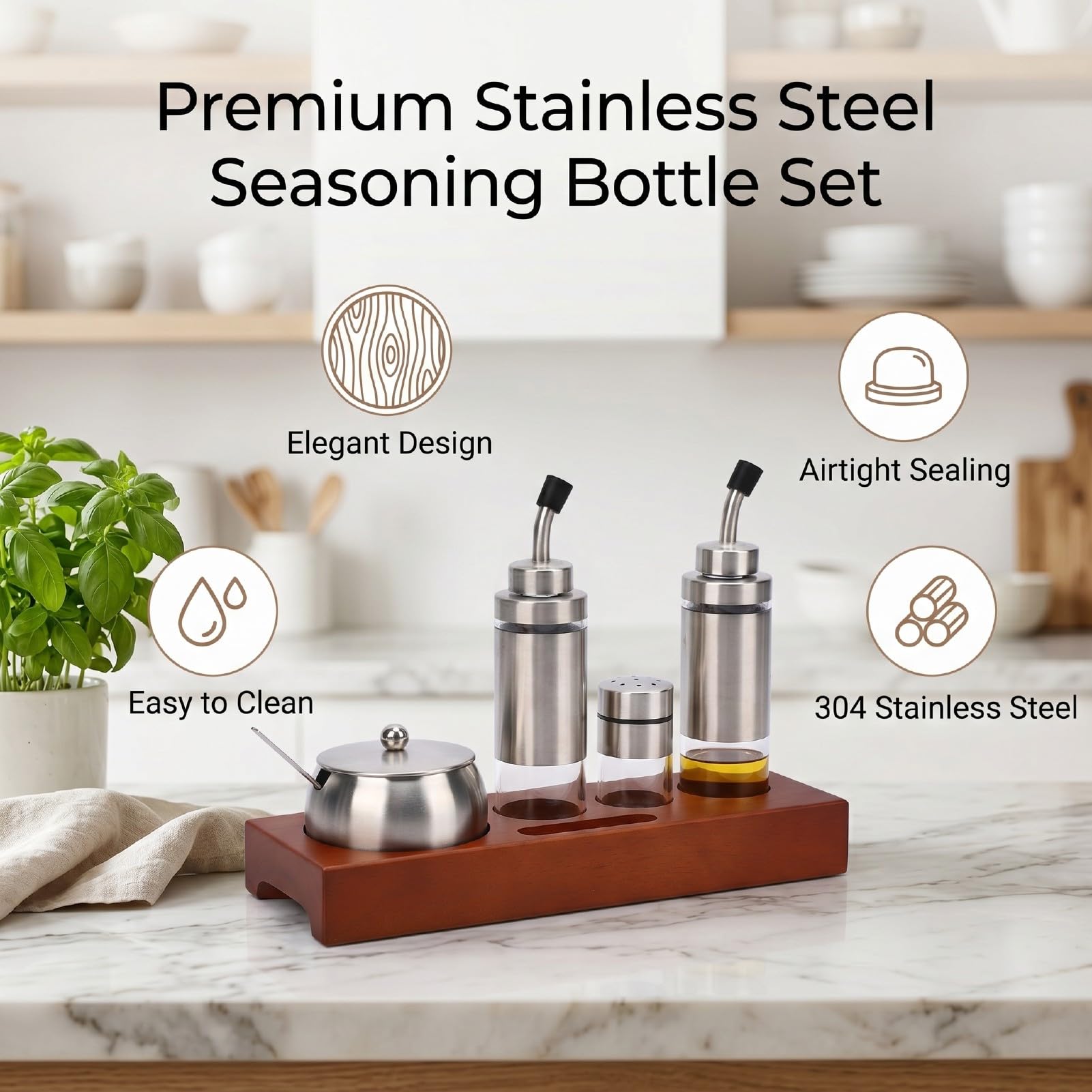 Fockety Salero, Botellas de Condimento con Base de Madera de Roble con Sello Hermético, Azucarero en Polvo con Dispensador de Acero Inoxidable para Sal, Azúcar, Vinagre, Cocina, Mesa de Comedor