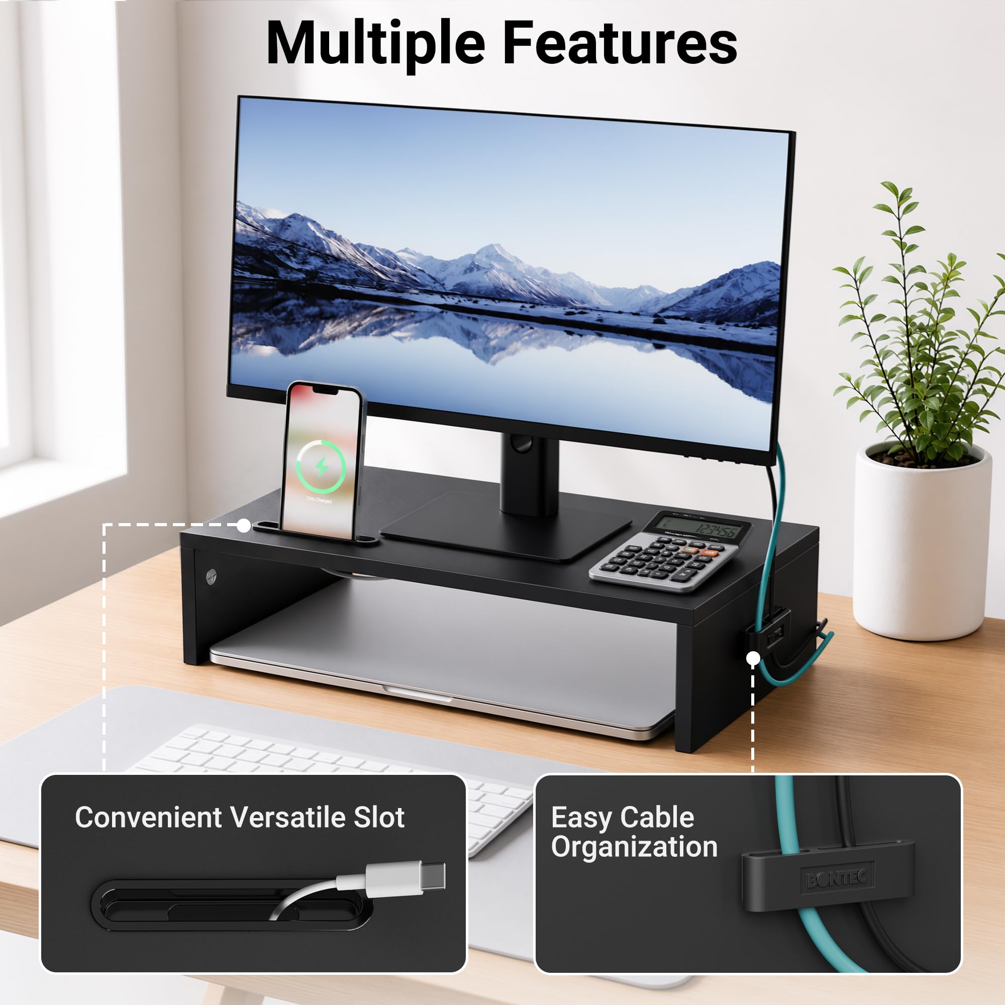 BONTEC Podstawka pod monitor, stojak na monitor, uchwyt na telefon, ergonomiczna podstawka pod drukarkę, pod laptopa z miejscami na kable, do komputerów, notebooków, iMaców, Pecetów, 42 cm, czarny
