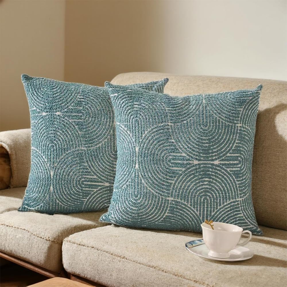 2 Pack Boho Chenille Throw Pillow Covers Jacquard Square Pillow Cases for Couch Sofa Bed Living Room, 18x18 Inch