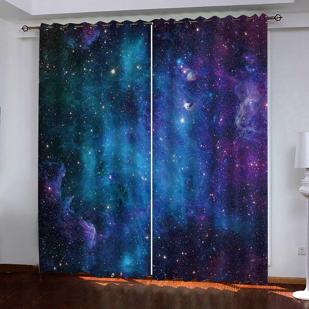 WYXWZ Blackout Curtains 3D Curtain Eyelet Ring Top Thermal Insulated Window Treatment Darkening Drapes for Living Room Kids Bedroom Decorative, 2 Panels x 46" W x 54" D Dark Blue&Starry Sky