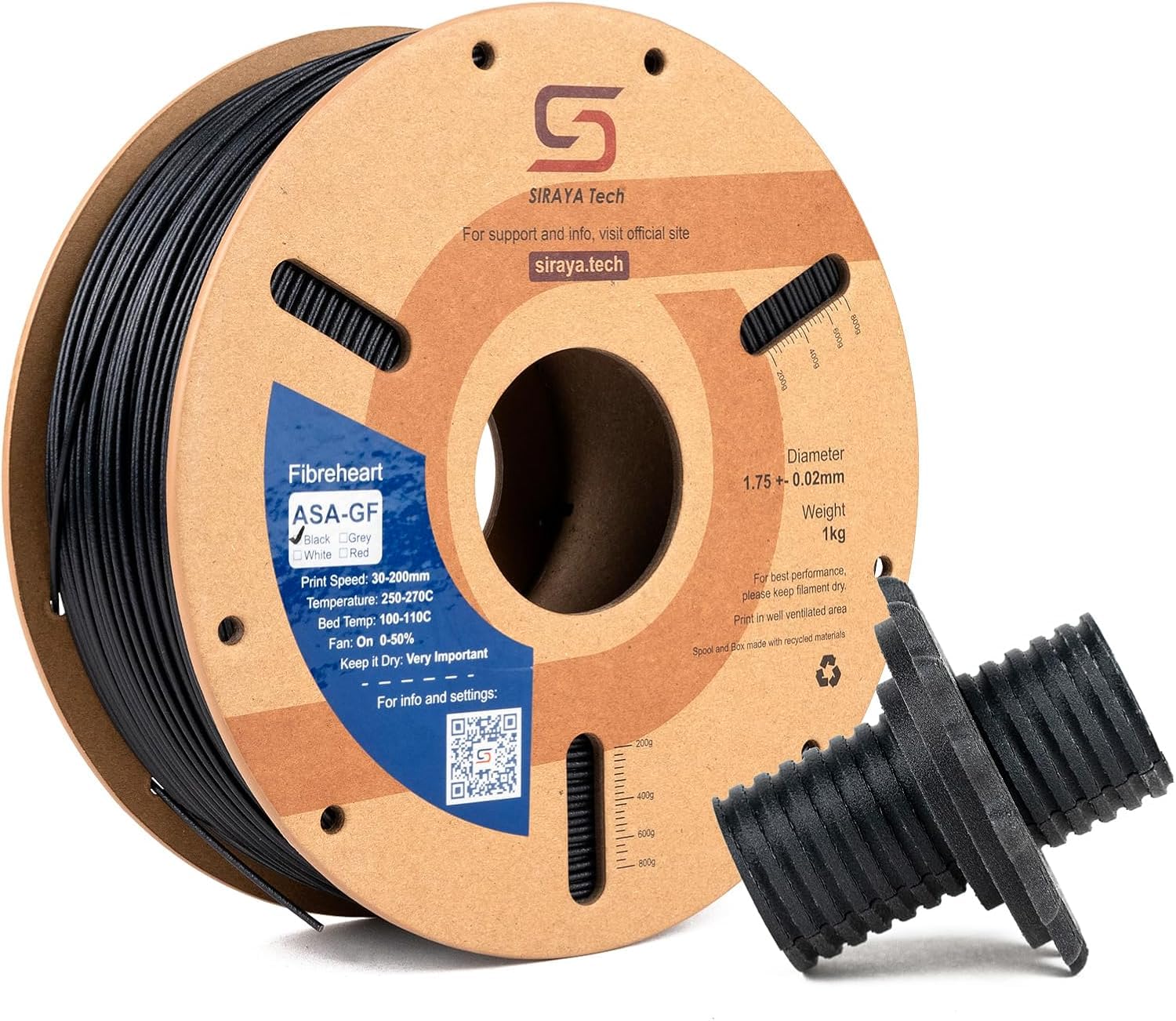 Siraya Tech Fibreheart ASA-GF 3D Printer Filament, 10% Glass Fiber Reinforced, Superior Weather & UV Resistance, High Strength & Thermal Stability for Outdoor & High-Impact Applications (1kg, Black)