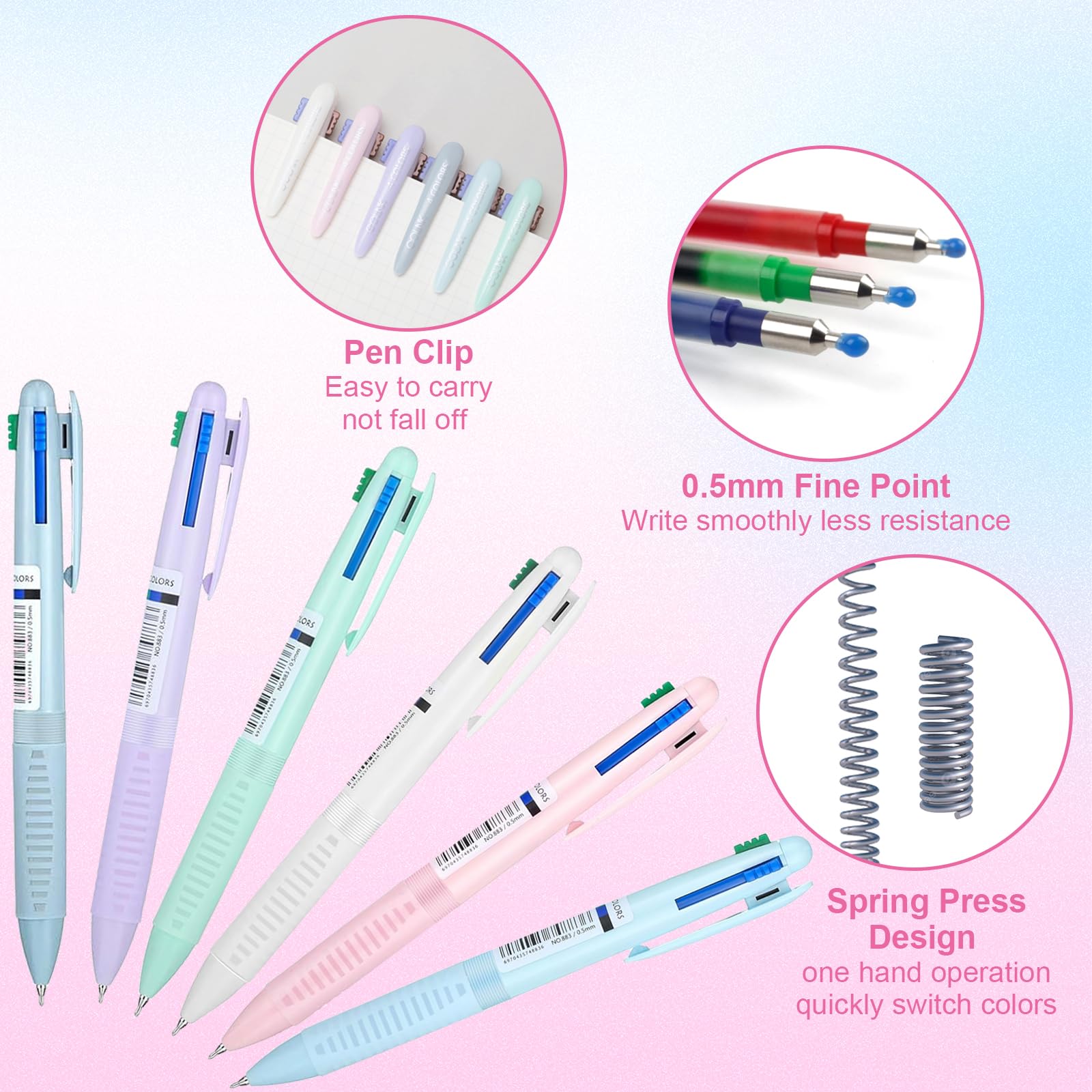 OT-NVWOZR 12 penne colorate, 0,7 mm, 4 in 1, multicolore, punta fine, 4 penne a sfera retrattili, per ufficio, scuola, studenti, bambini, infermieri