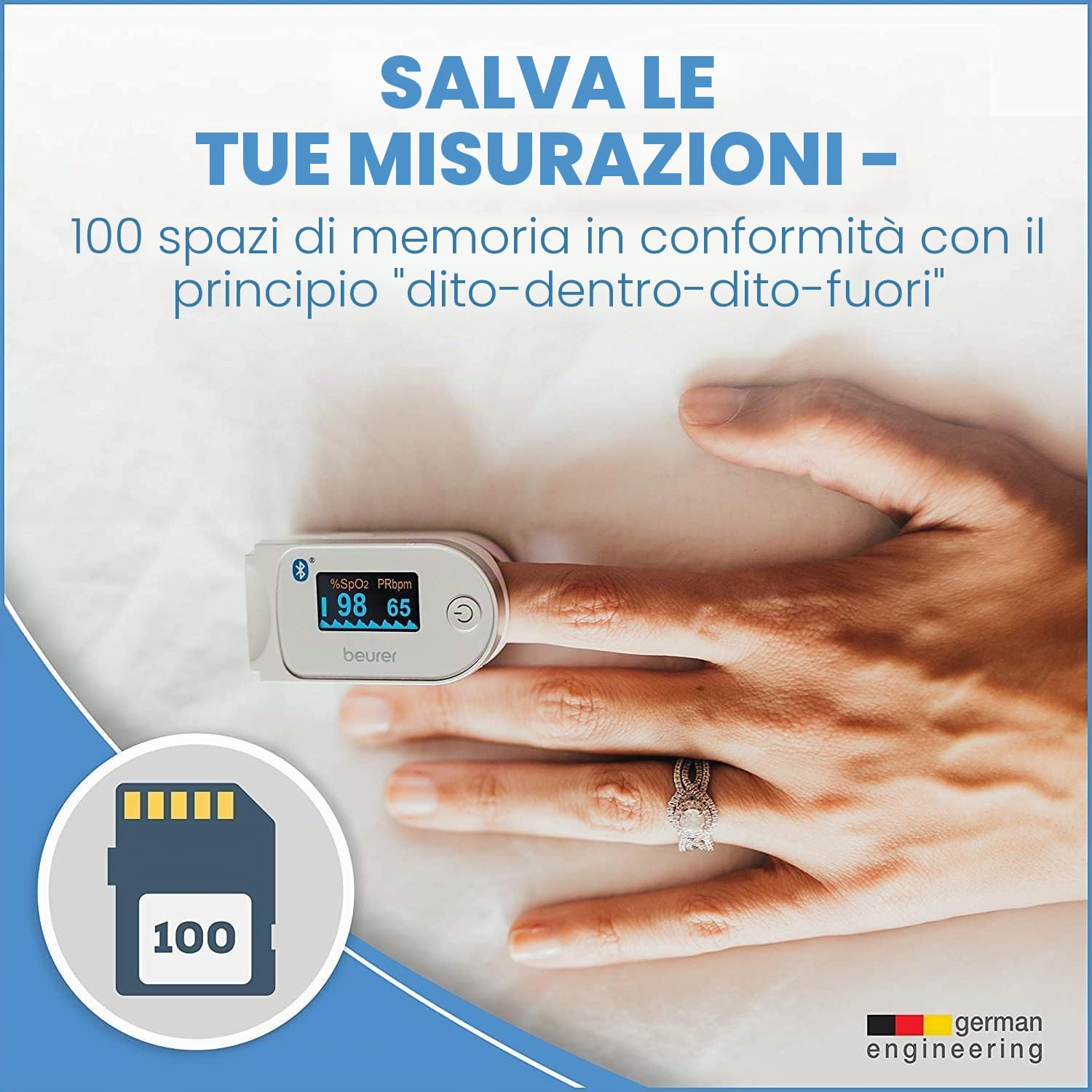 Beurer PO 60 Saturimetro Bluetooth a Lettura Istantanea con Visualizzazione Grafica del Battito Cardiaco e 100 Posizioni di Memoria