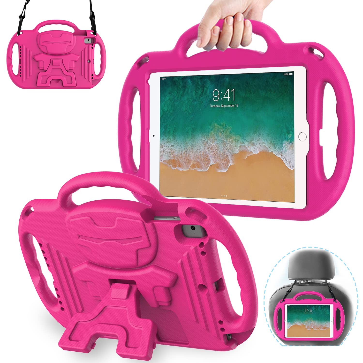 AVAWO Case for iPad 6th Generation/5th gen 9.7”, iPad 9.7 inch 2018, iPad Air 2 Kids Case - with Shoulder Strap, Shockproof Handle Stand Protective Cover for iPad 9.7 inch 5/6th/Air 2 Gen - Rose