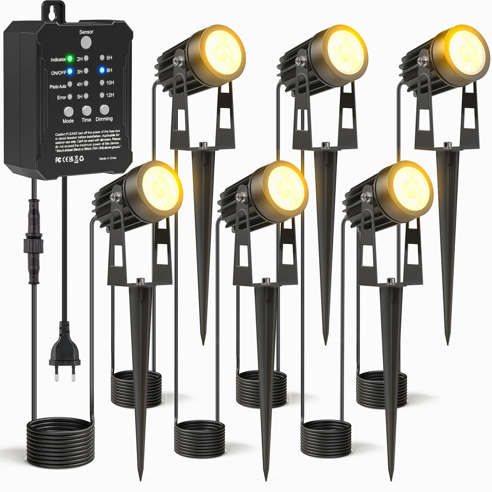 HIBOITEC Dimmbar Gartenbeleuchtung mit Transformator, 16M Fotosensor Gartenstrahler Led Außen Wasserdicht, 2700K Gartenbeleuchtung mit Strom, Timer Gartenlampen für Haus Hof (6 Stück, Warmes Licht)