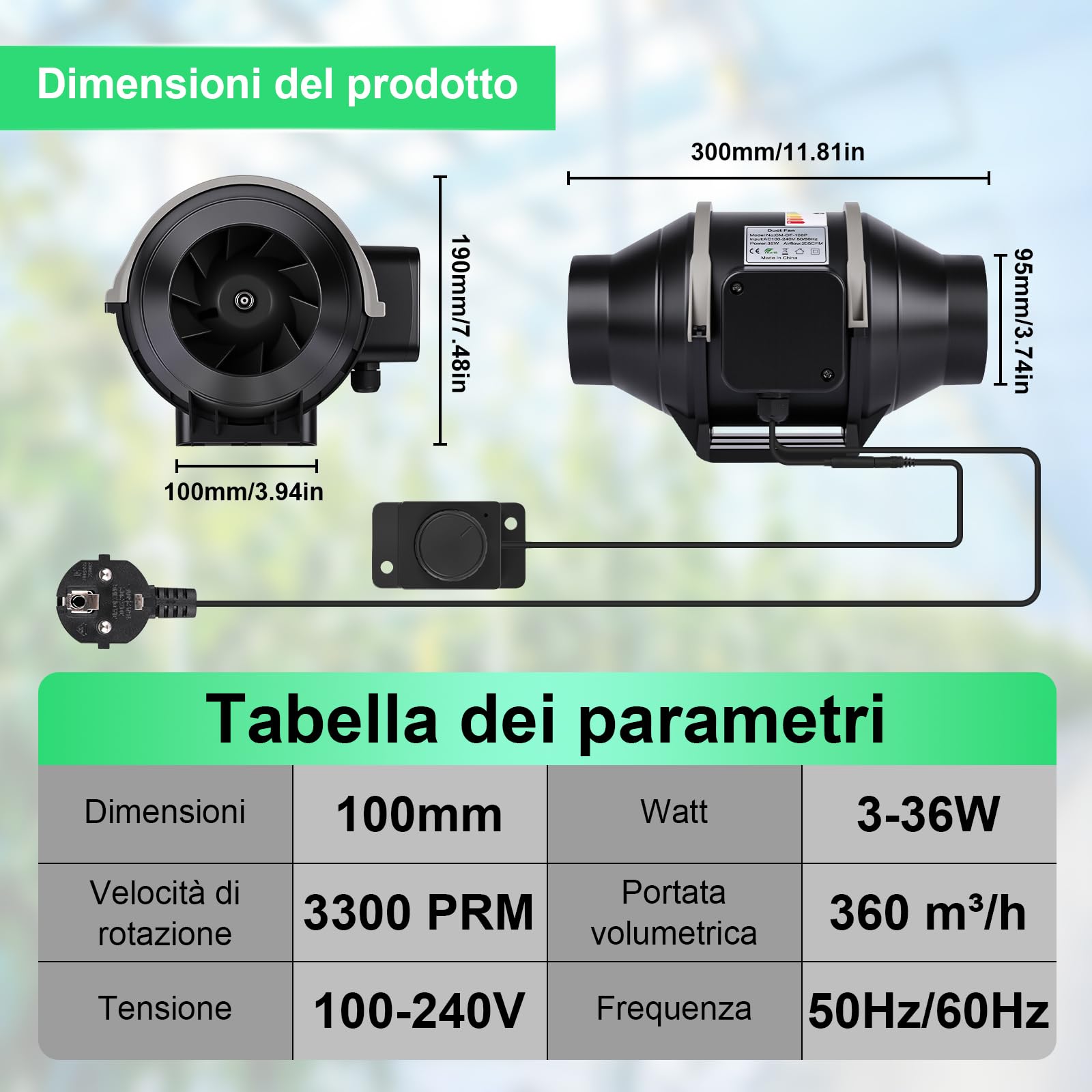 100mm Ventola Aspirazione Regolabile 360m³/h Estrattore Aria in Linea con Controllore di velocità Variabile per Bagno, Tende di Crescita, Coltura Idroponica, Ventilazione