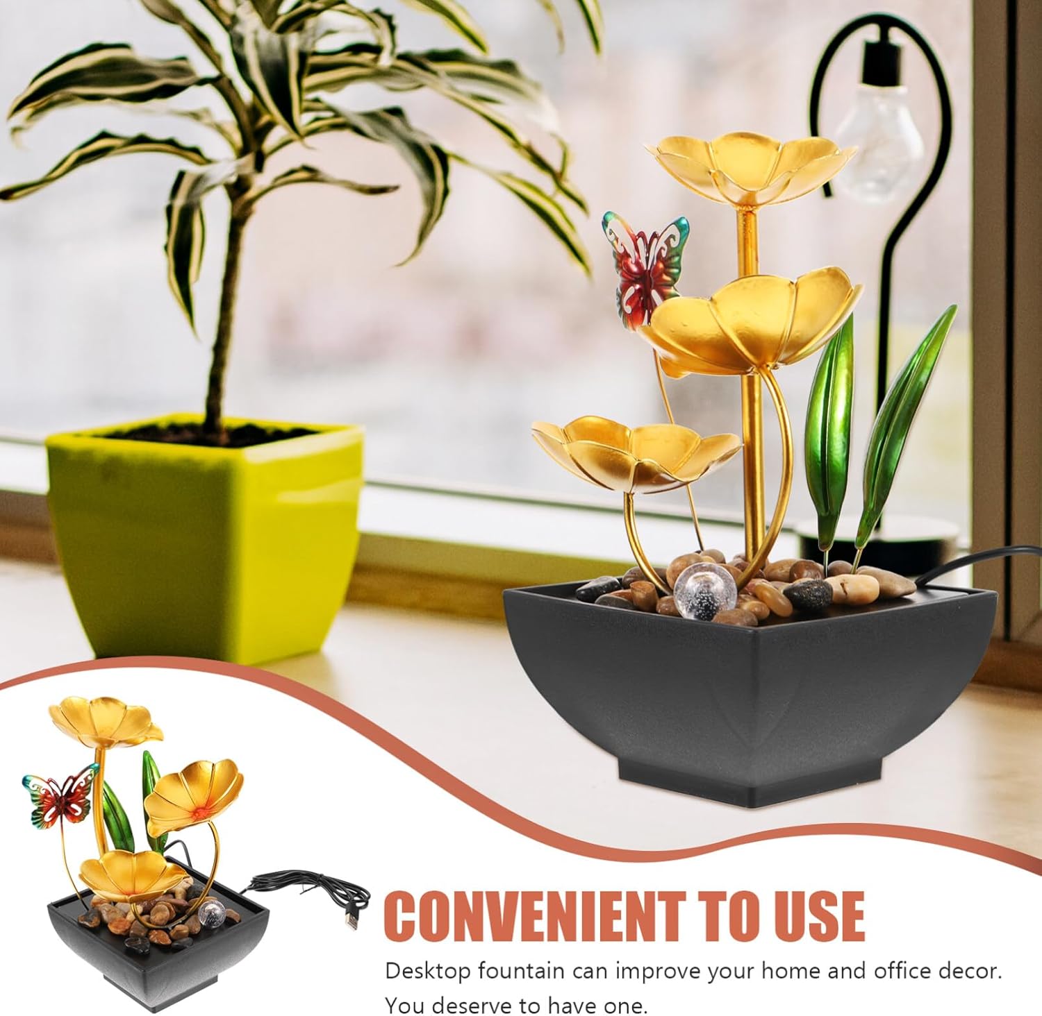 Unomor Tabletop Fountain Waterfall Ornament Elegant Indoor Water Feature Lotus Leaf Design for Office Decor and Relaxation USB Powered for Peaceful Ambiance