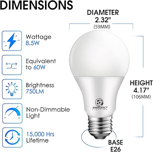 Miniatura 2 de Energetic - Bombilla LED A19 equivalente a 60 W, luz blanca cálida de 3000 K, base media E26, bombilla LED no regulable, 8 W 760 LM, certificación