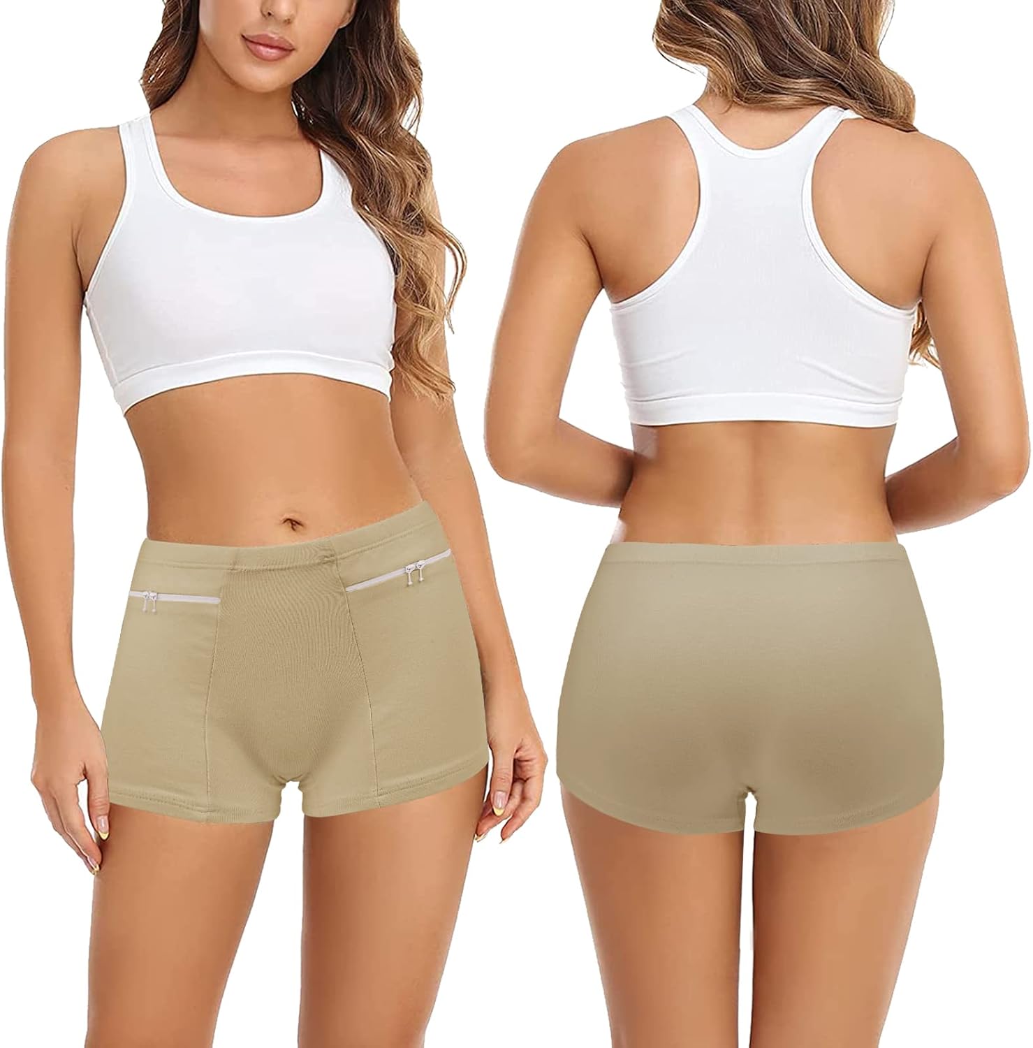 Women's Underwear with Secret Pocket Panties, 2 Packs Anti Pickpocket Travel Boxers (Nude)
