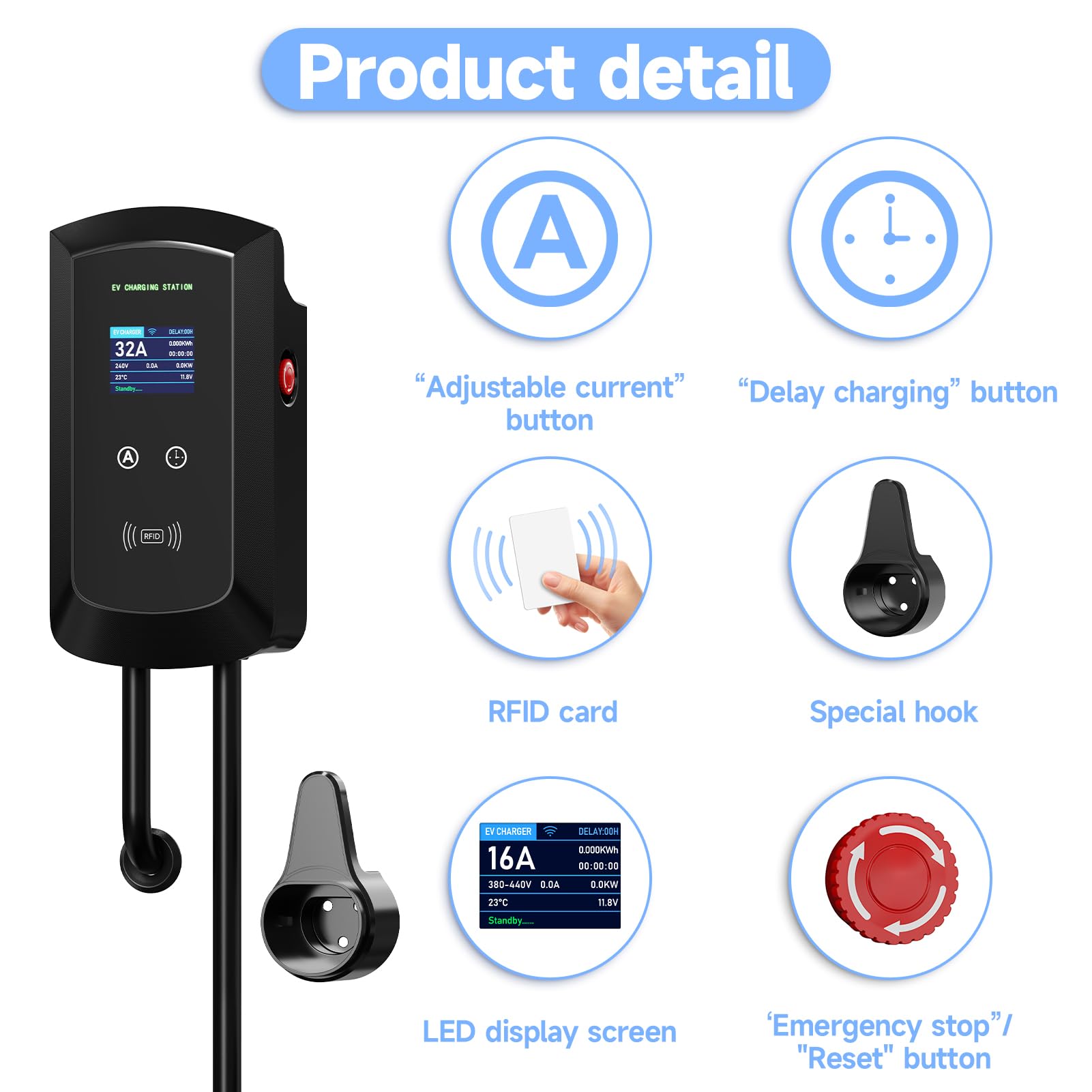 5 m EV typ 2 ładowarka stacja ładująca, kabel do ładowania typu 2, typ 2, 22 kW, wyświetlacz LED, karta RFID, aplikacja WiFi, norma UE IEC 62196-2