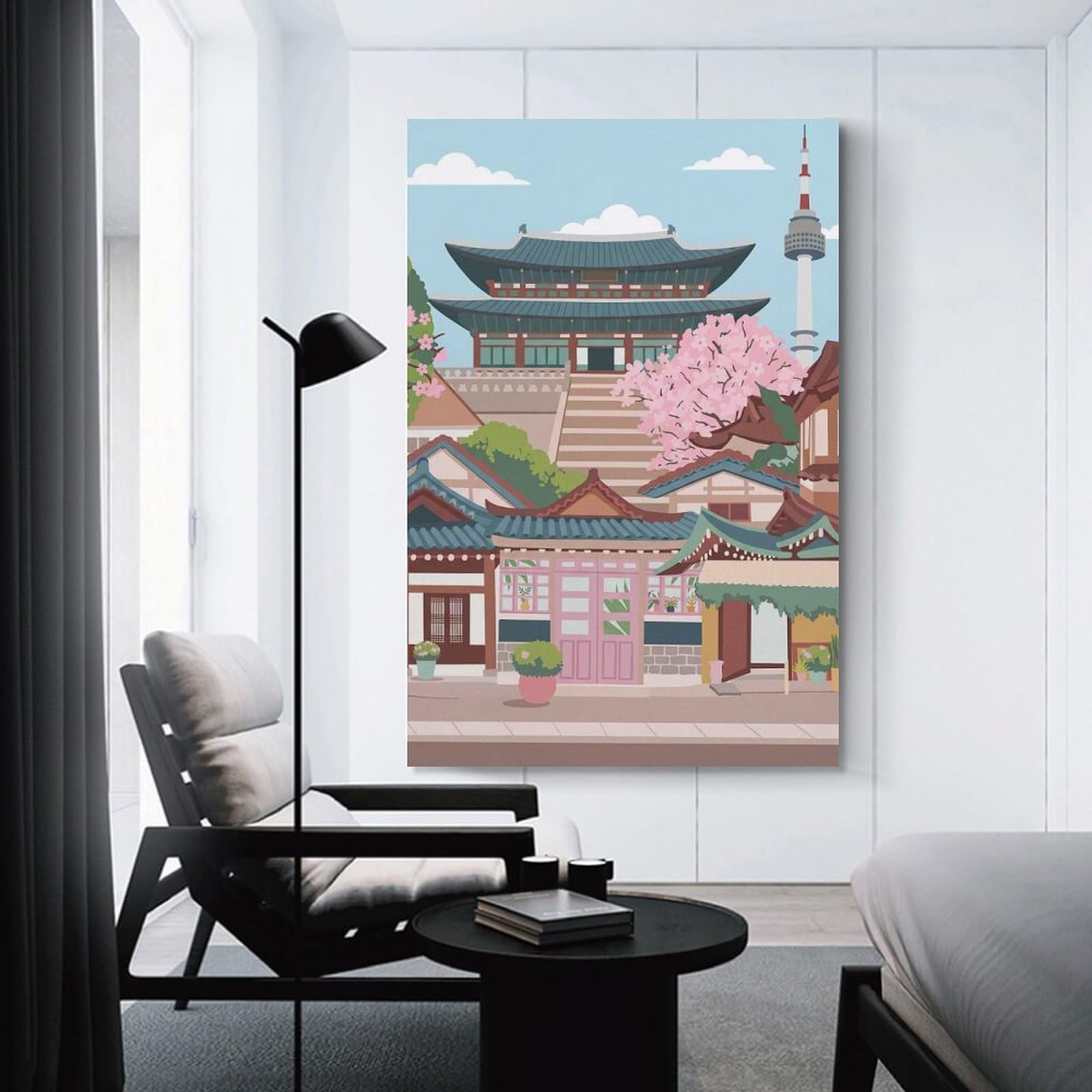 Junmoney Hanging Wall Art Seoul Cityscape with Traditional Architecture, 24x36inch(60x90cm), for Living Room, Bedroom Or Apartment Walls, Decorative Artwork for Empty Walls