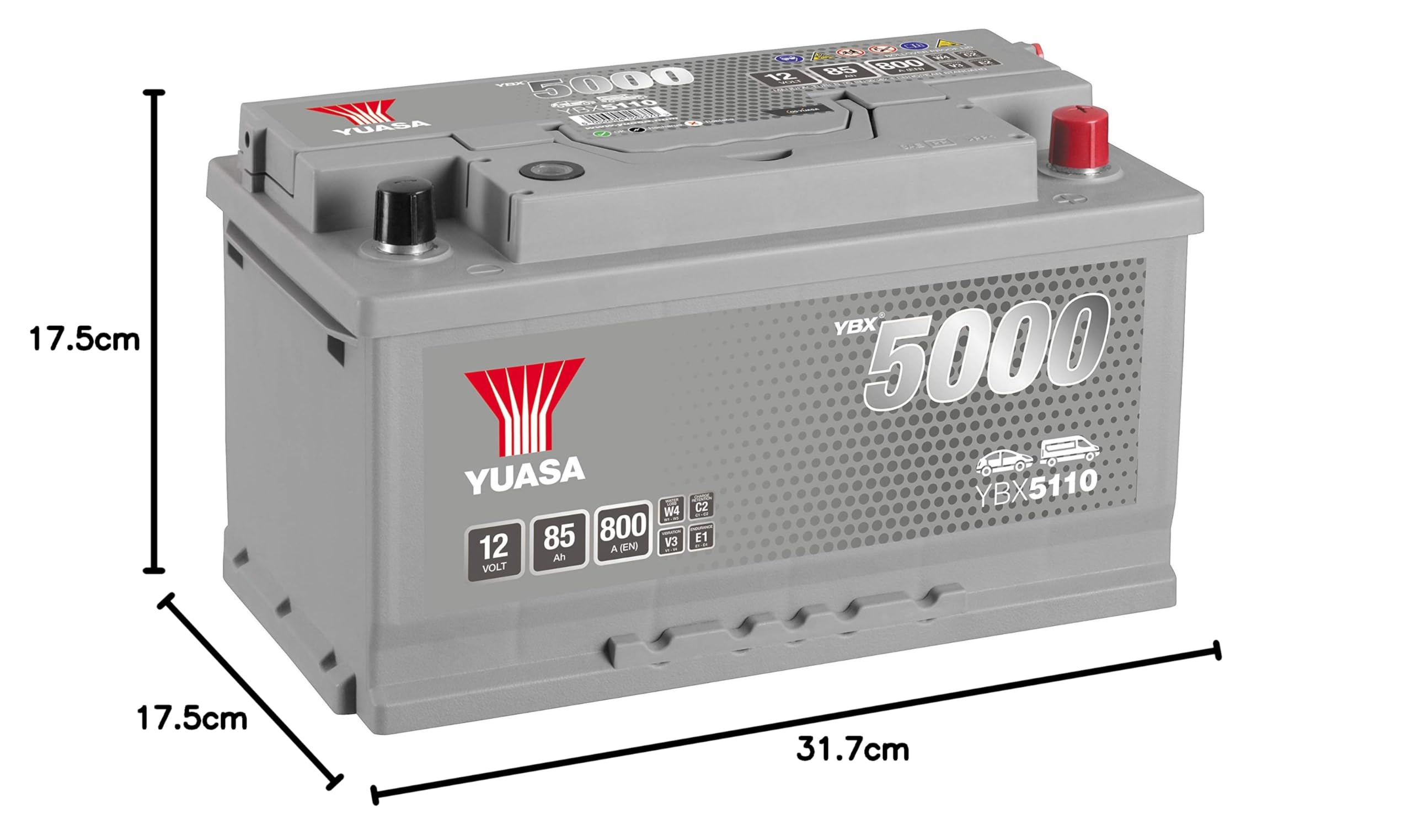 Yuasa YBX5110 Batería de coche Silver 12V 85Ah 800A - Automóvil de turismo | Capacidad de 12 V, 85 Ah, 800 CCA, tapa a prueba de vuelco, compatible con varios vehículos, hasta 50.000 arranques de motor