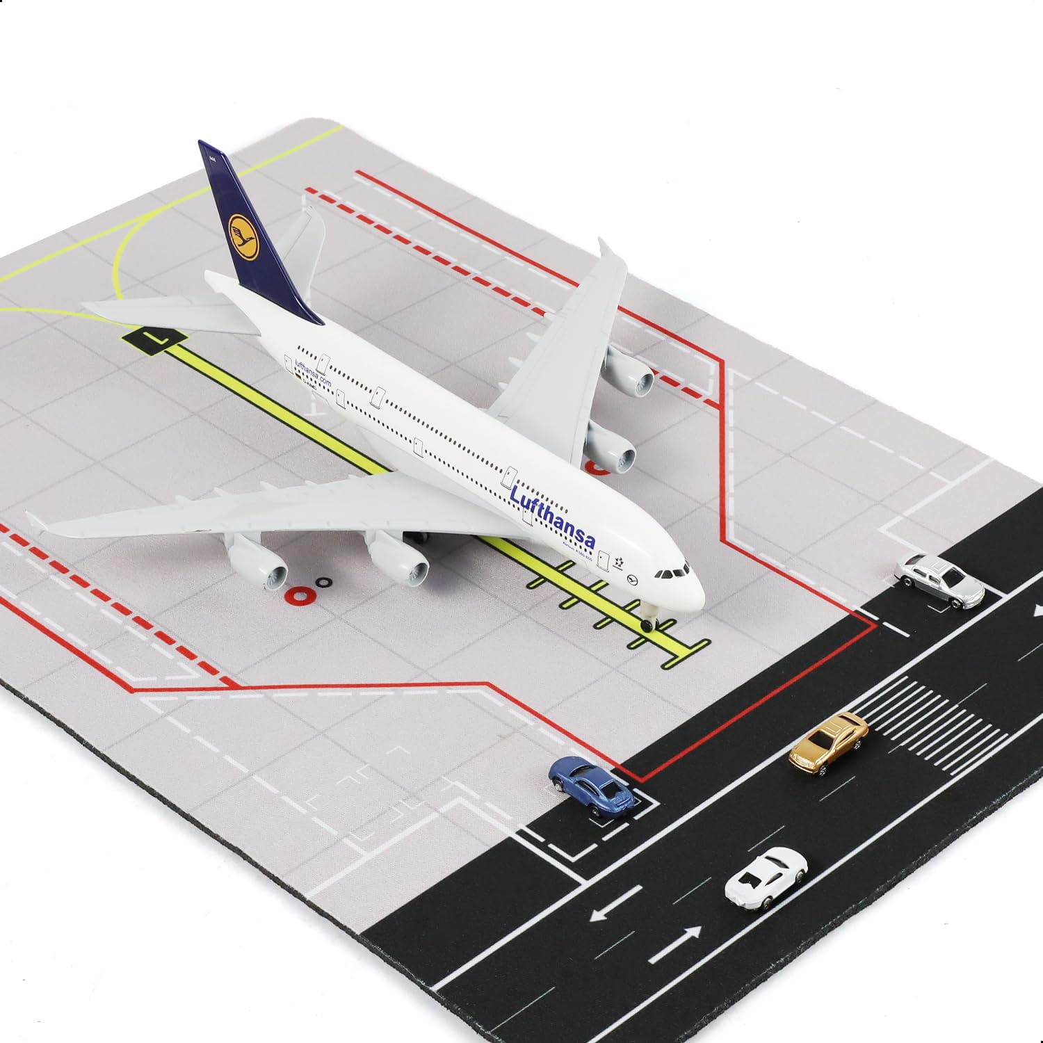 QIYUMOKE 1/300 A380 Aircraft Model for Lufthansa with Rubber Airport Mat and 5 Cars for Diecast Metal Aircraft Model Kit for Adults Miniature Airport Scene Playset (Mat: 25×35cm)