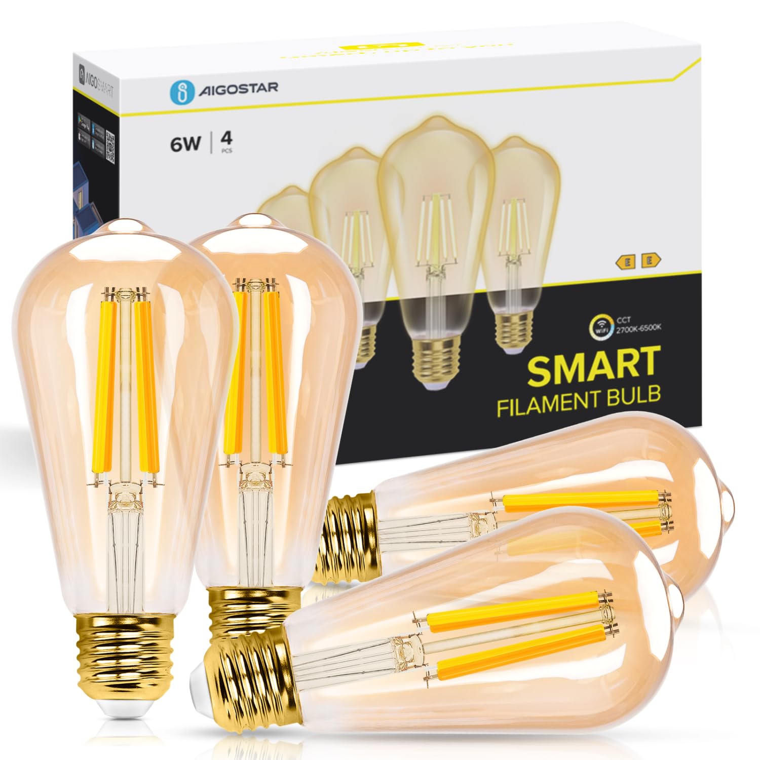 Aigostar Bombilla Inteligente E27 Edison Bombilla Alexa 6W 806LM Bombillas Vintage WIFI ST64 Bombillas Filamento Regulable 2700K-6500K, compatible con Alexa/Google Home. ámbar 4 pack