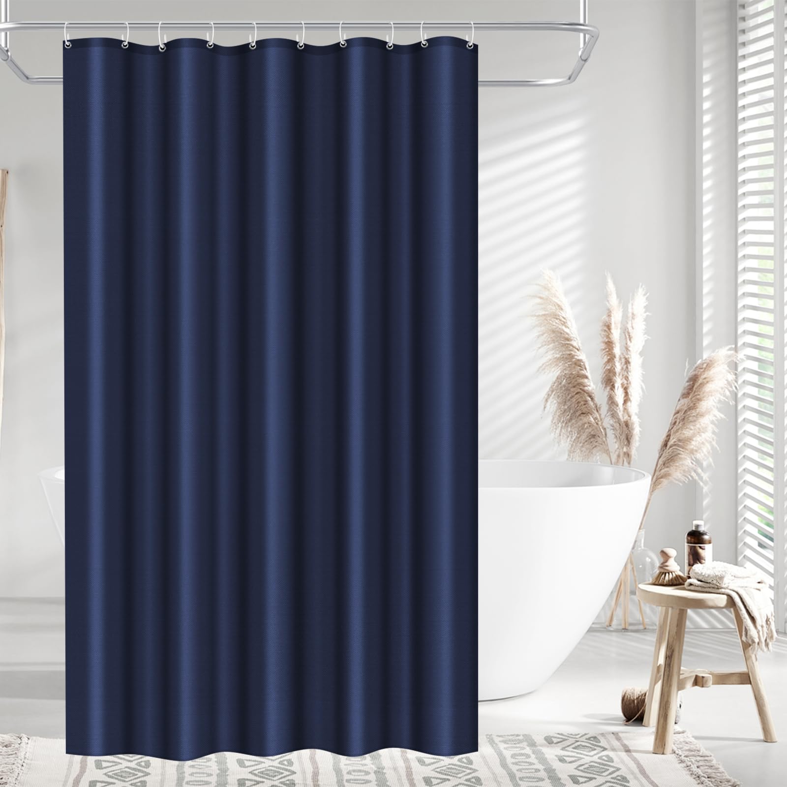LUKDUNG 150 x 200 cm Polyester Textile Shower Curtain Anti-Mould for Bathroom, Curtain for Bathtub Shower Made of Fabric Waterproof Washable Shower Curtain with 10 Hooks Navy Blue