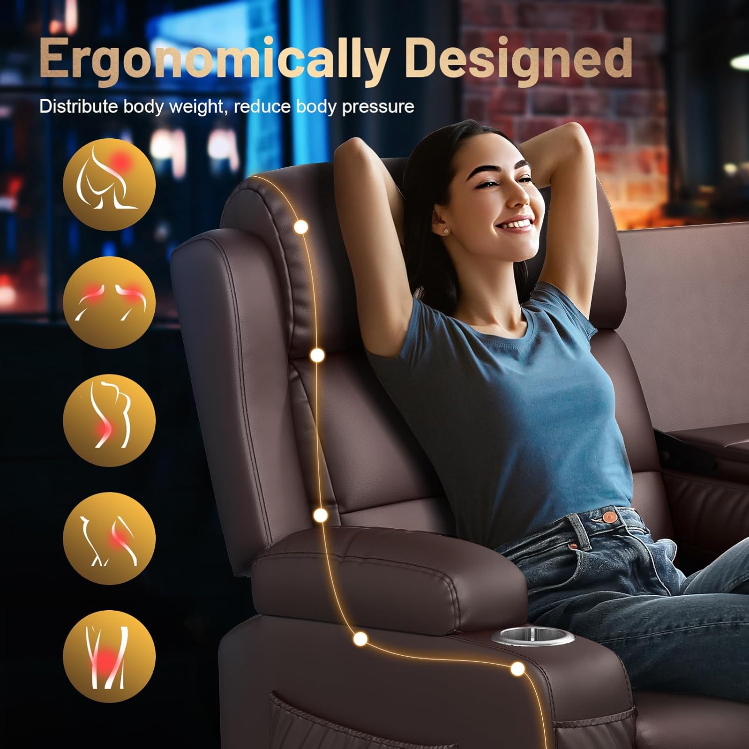 3-Seater Loveseat Recliner Sofa, RV Wall Hugger Home Theater Seating Reclining Couch with Flip-Down Backrest, LED Lights, Massage, Built-in Power Strip, Drawer & Cup Holders for RV & Living Room