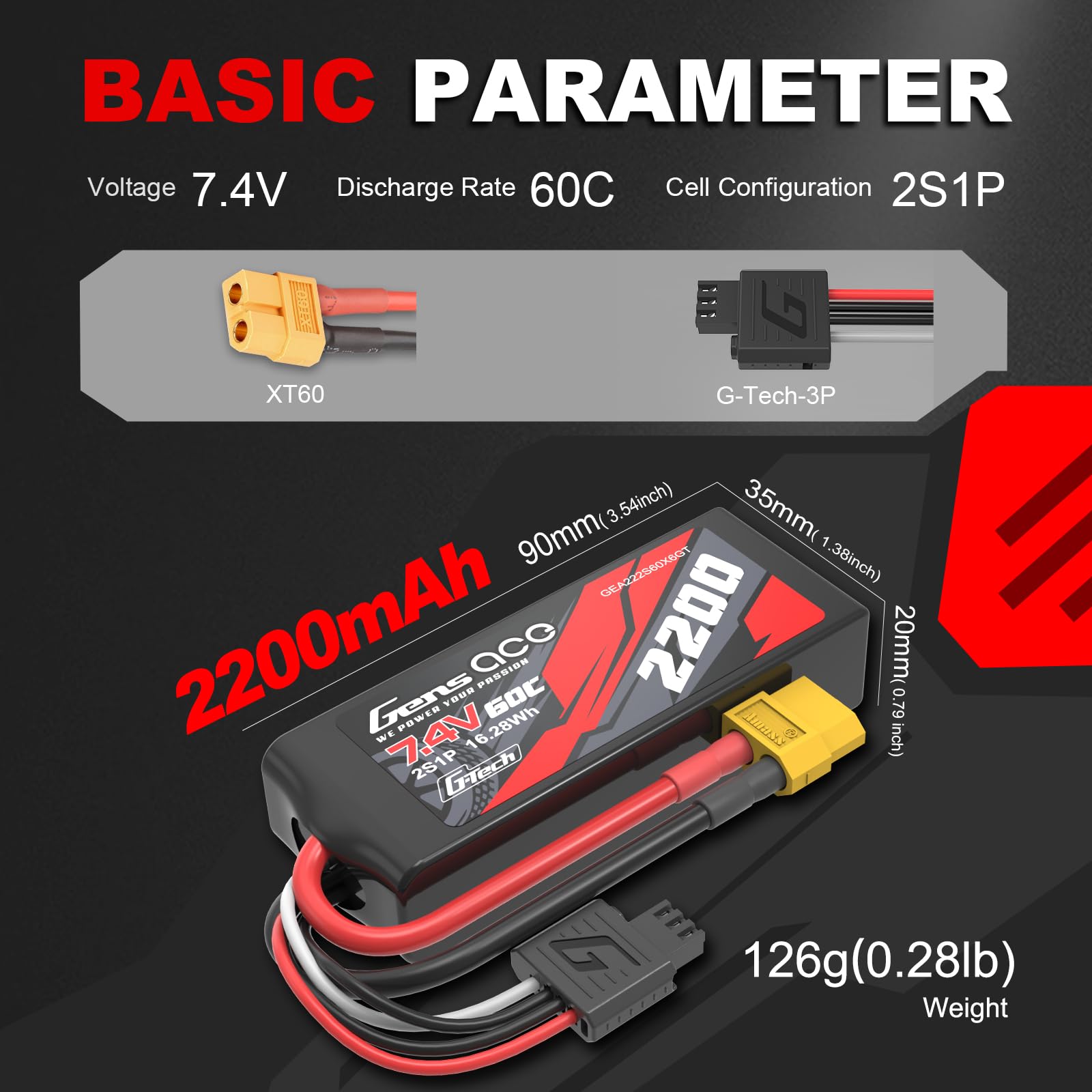 Gens ace 2s Batería Lipo 2200mAh 7.4V 60C con XT60 y Enchufe G-Tech Negro para Helicóptero, Barco RC, Vehículo 1/16