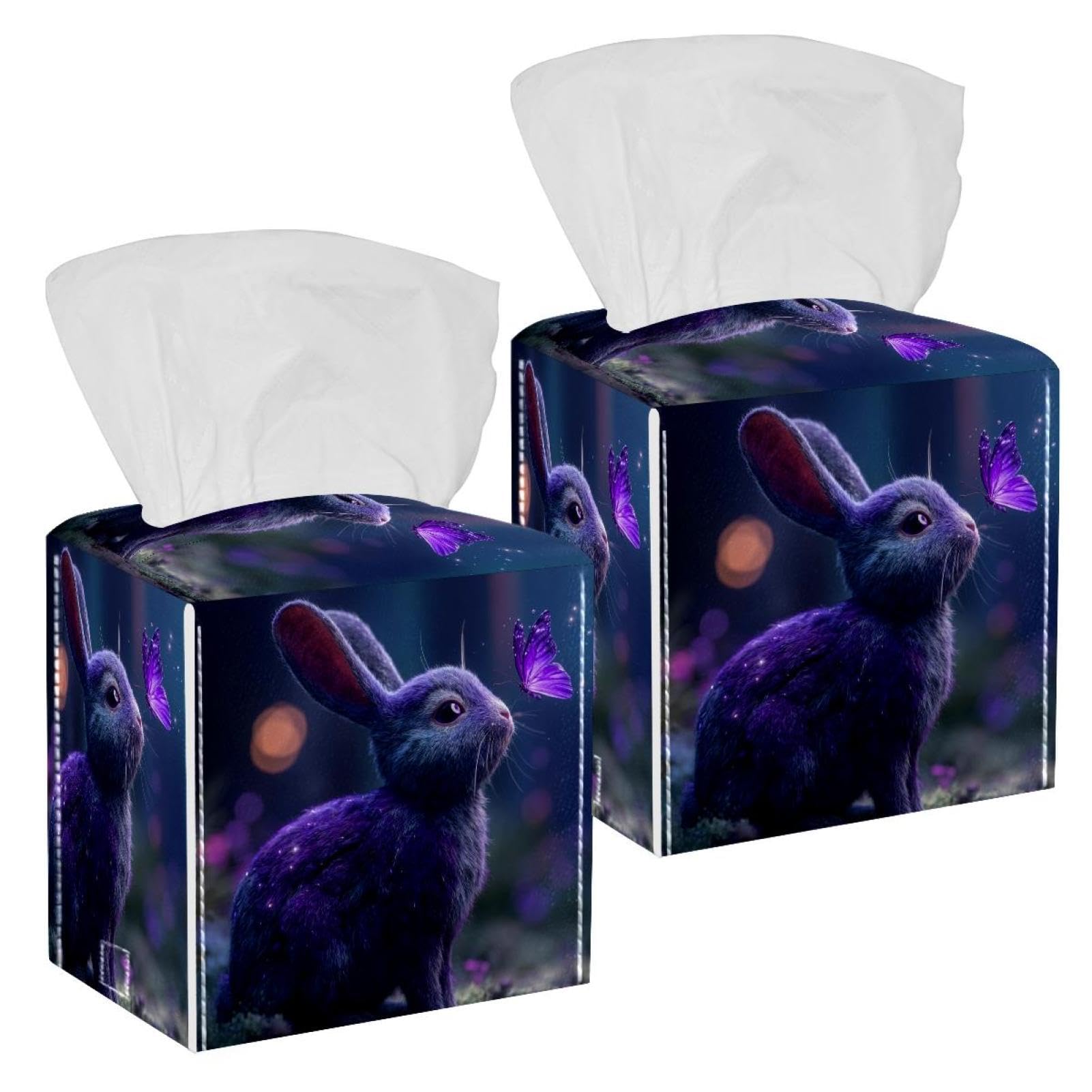 Purple Rabbit Tissue Box Cover, 2 Pack PU Leather Square Facial Tissue Dispenser Box holder for Home Office Car