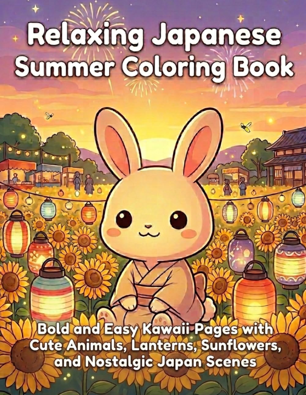 Relaxing Japanese Summer Coloring Book: Bold and Easy Kawaii Pages with Cute Animals, Lanterns, Sunflowers, and Nostalgic Japan Scenes