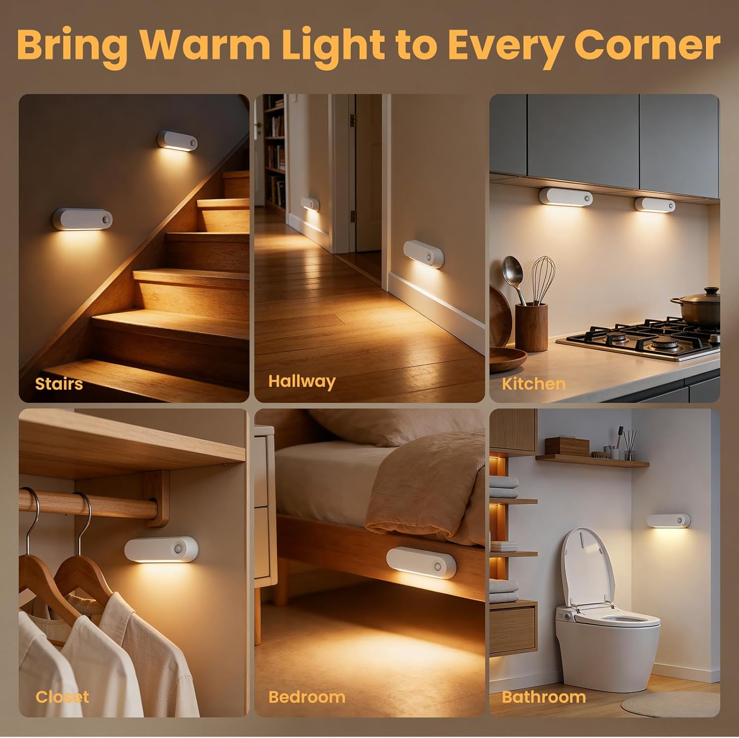 Motion Sensor Night Light, 1800mAh Rechargeable Battery Operated Step Lights, 3000K Warm White Wireless Under Cabinet Lighting for Stairs, Hallway, Closet, Bedroom, Kitchen (2 Pack)