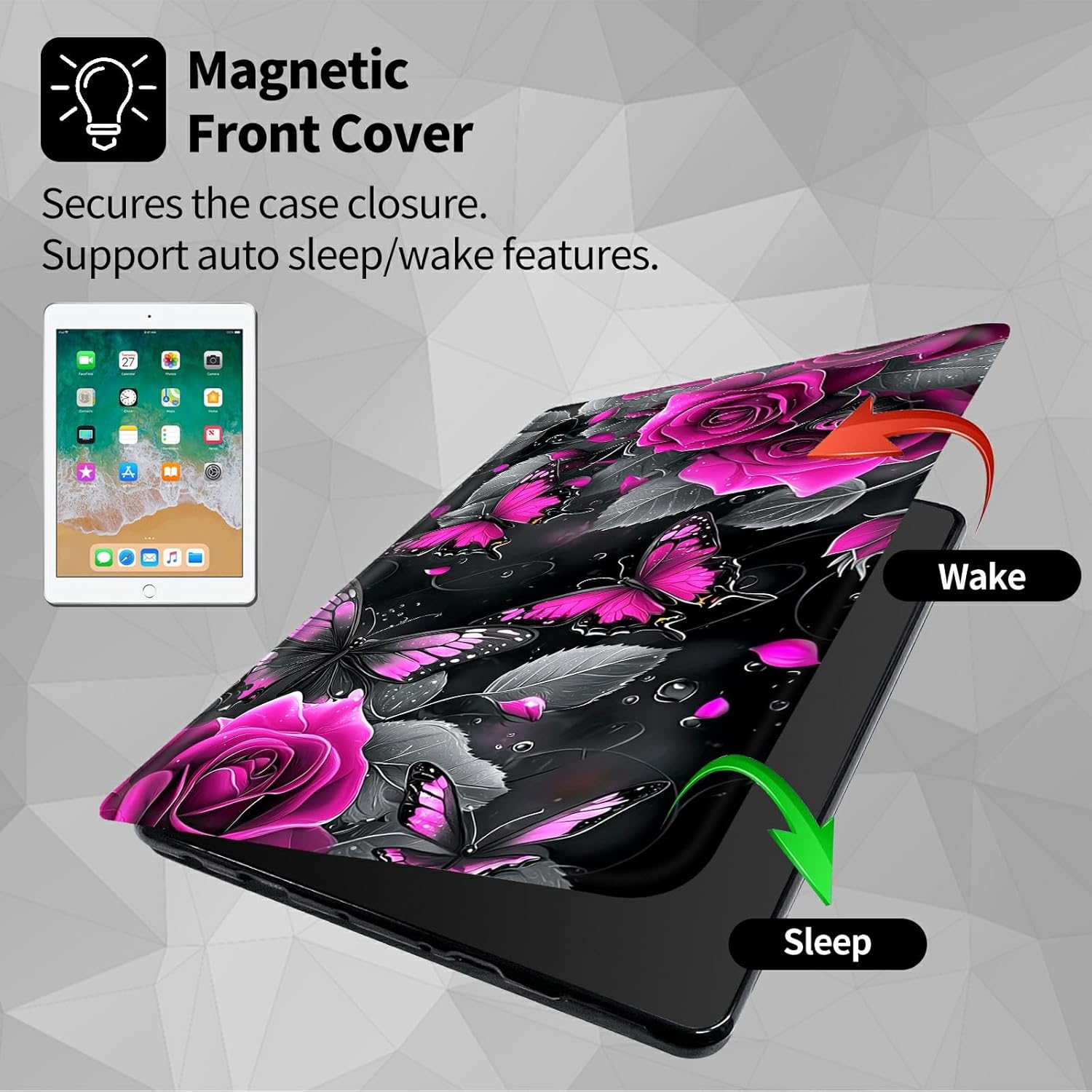 Case for Kindle Fire HD 8 & Fire HD 8 Plus Tablet (12th/10th Generation 2024/2022/2020 Release) Roses and Butterflies Theme 360 Degree Rotating Stand Smart Protective Cover for Fire HD 8 2022 Tablet