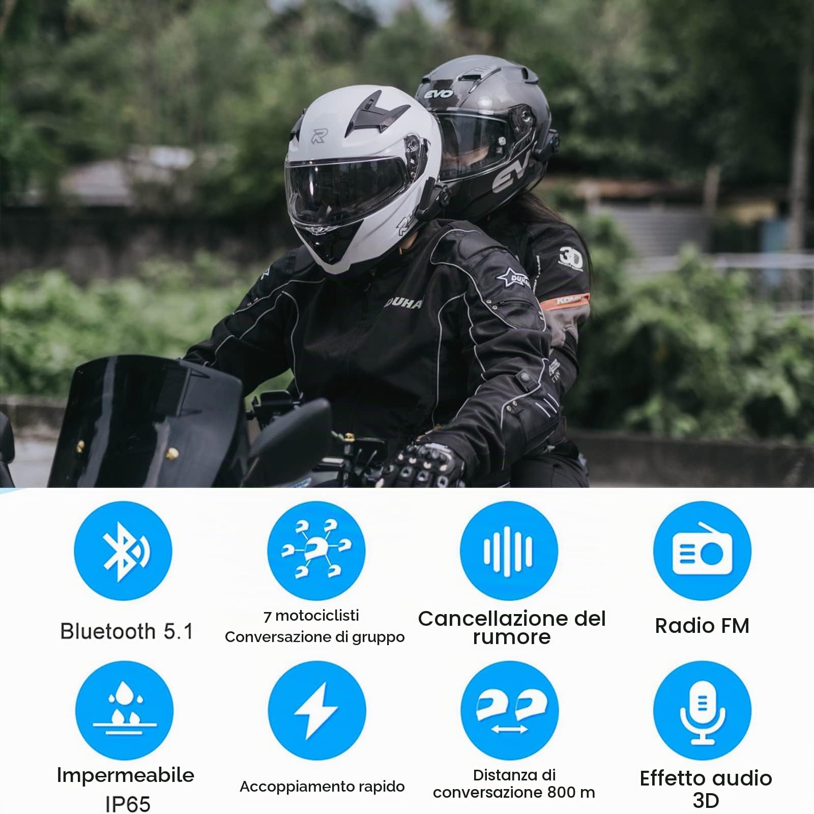 EJEAS Q7 Interfono Moto Bluetooth Coppia, Aggiornato Bluetooth 5.1 Sistema di Comunicazione Interfono Casco Moto con Effetto Sonoro Stereo, Funzione FM e Associazione Rapida (Confezione da 2)