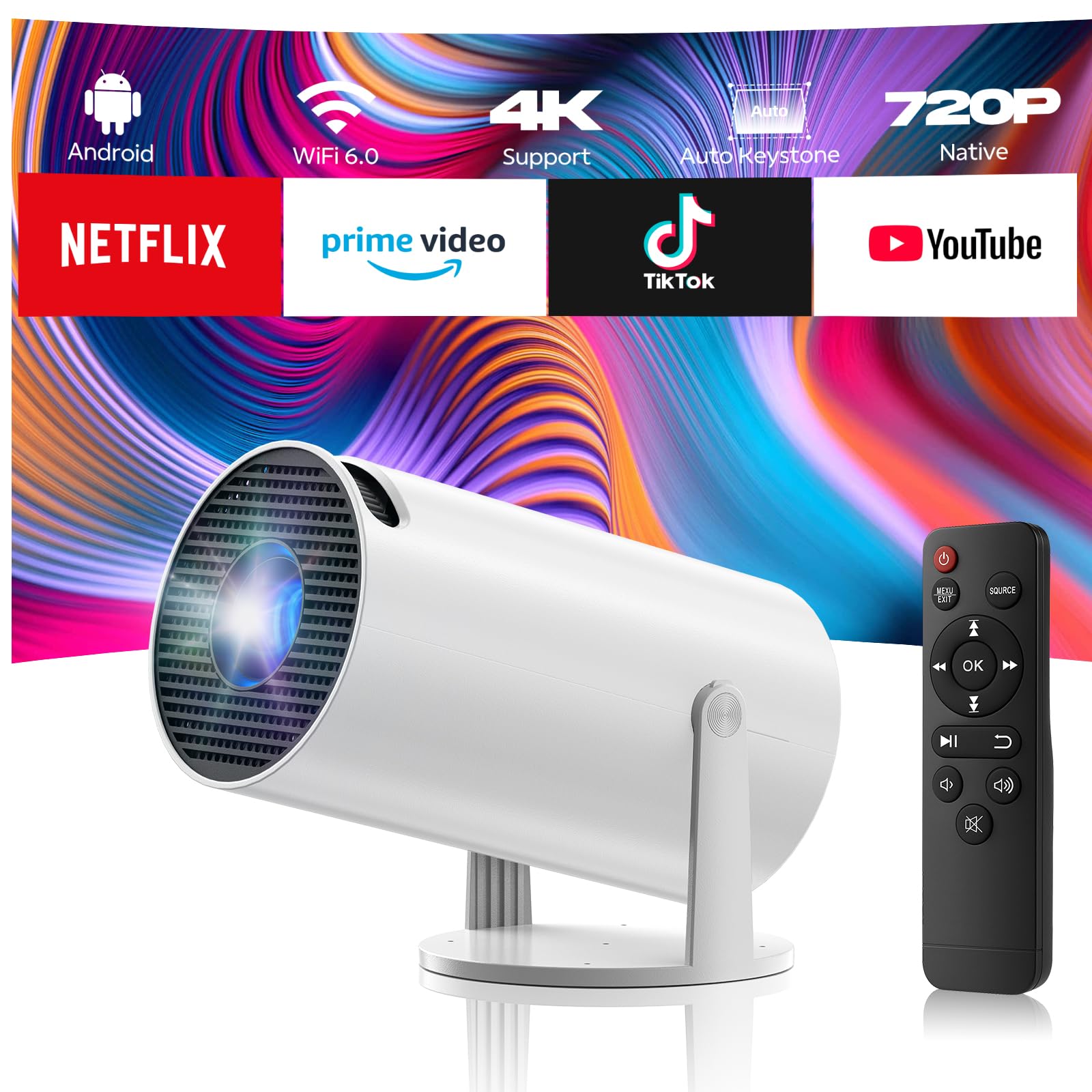 Proyector Portátil Soporte 4K, Mini Proyector con WiFi 6 Bluetooth 5.0 220° Rotation Projector Inteligente con Android11.0, corrección Trapezoidal Vertical automática para HDMI/TV Stick/USB/Laptop