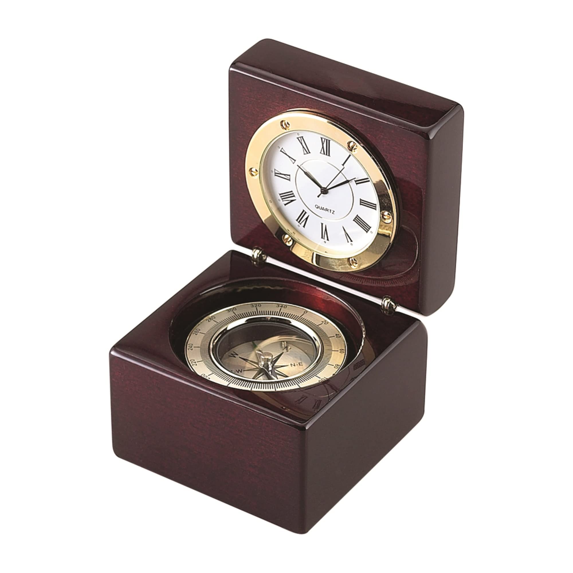 1home Square Wood Box W/Clock & Compass