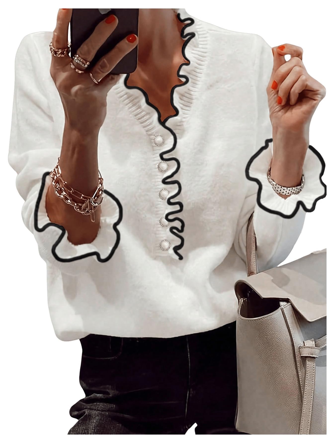 Womens V Neck Ruffle Trim Sweater Pearl Button Long Sleeve Loose Fit Knit Pullover Top for Fall Winter