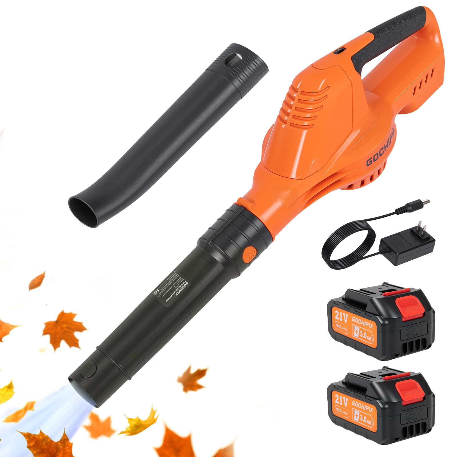 GOCHIFIX Leaf Blower Cordless, 2 * 21V 3.0Ah Battery and Charger, 5 Speed Levels, Lightweight 180 CFM 130 MPH Electric Powered Blower w/Extension Tube
