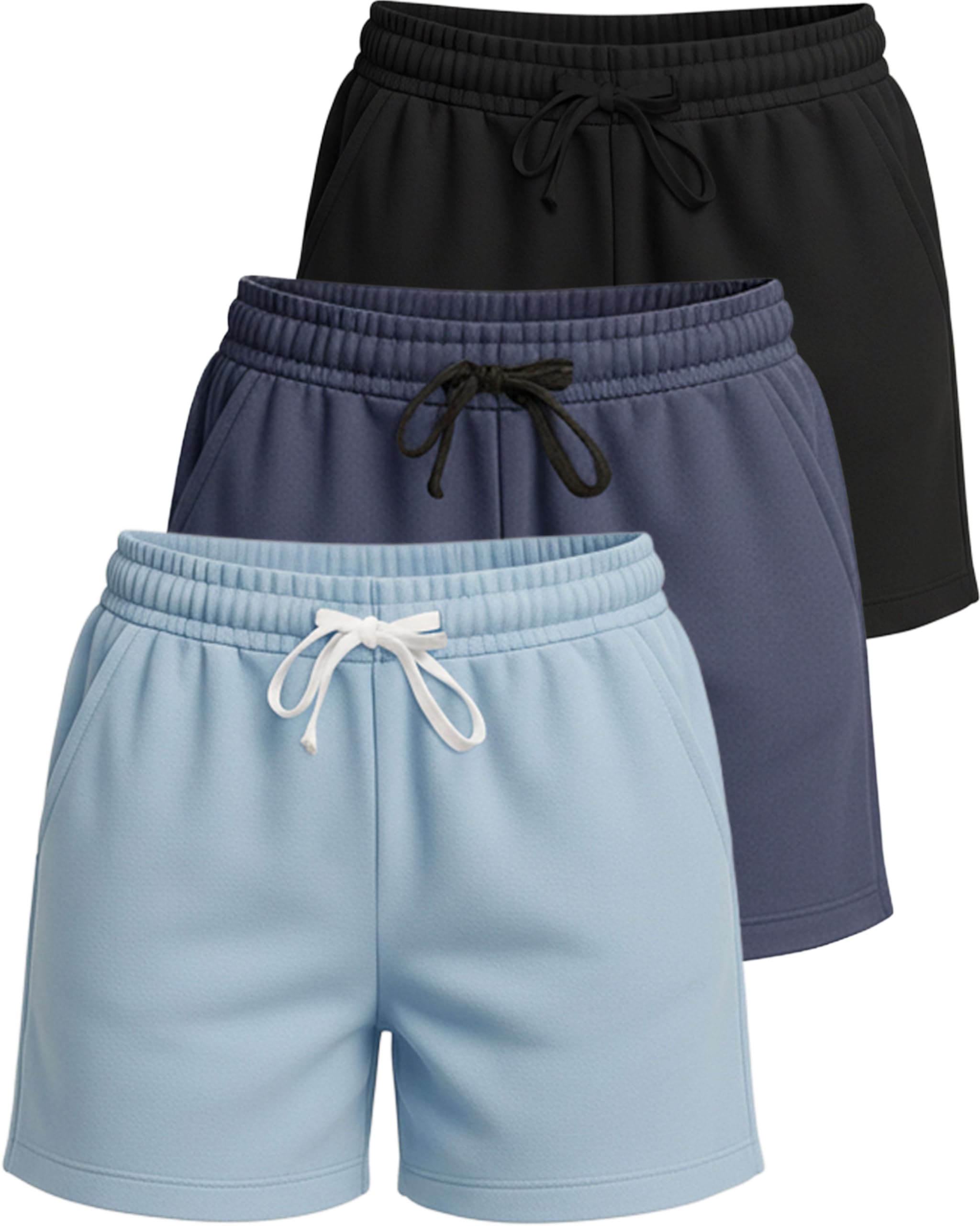 Real Essentials 3er-Pack: Schlafshorts für Damen, Baumwoll-Fleece, Lounge-Pyjama, Schlafshorts mit Taschen und Kordelzug (in Übergröße erhältlich)