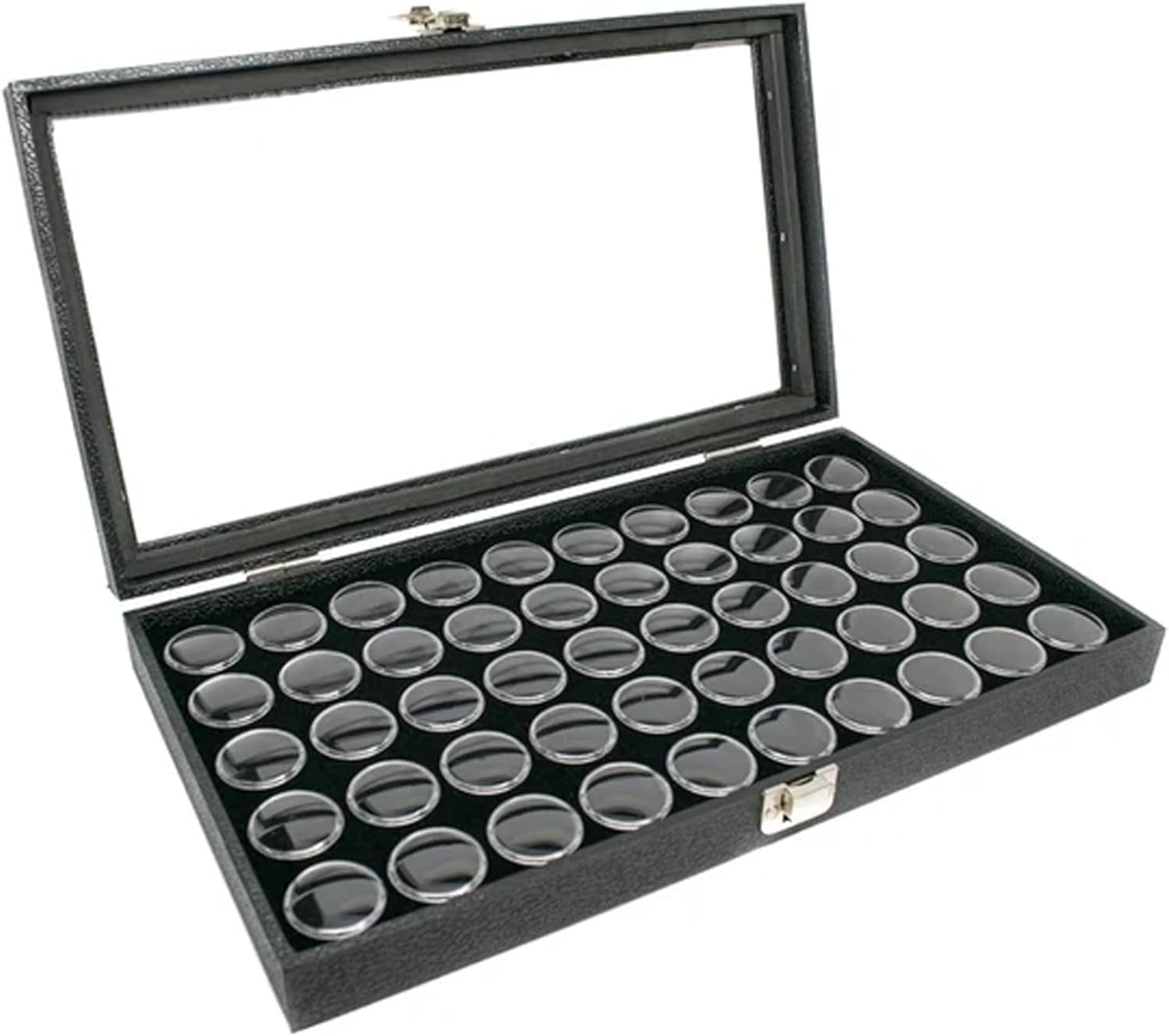 Novel Box Gem Display Case 14.75x8.25x2.1 + Small Size 50 Gems Jars | Fossil Display Case with Lid & Black Tray Foam Liner | Rock Storage Box with Metal Clasp | Display Cases for Collectibles