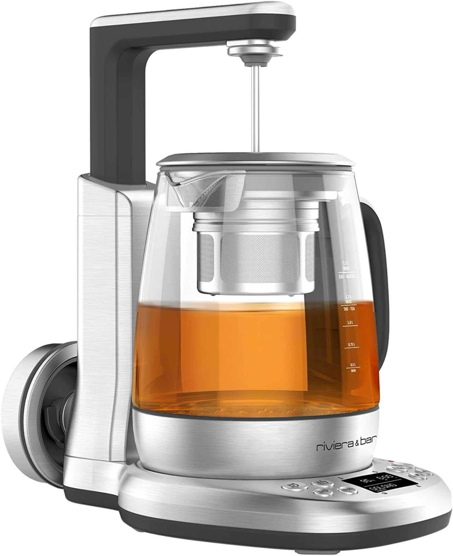 riviera&bar Théière Bouilloire CHA DAO EXPERT à Température Réglable - Verre Trempé et Inox, Mode Silencieux, Infusion Thé Optimale, Écran LCD, Programmes Personnalisables - 1,5L - Inox