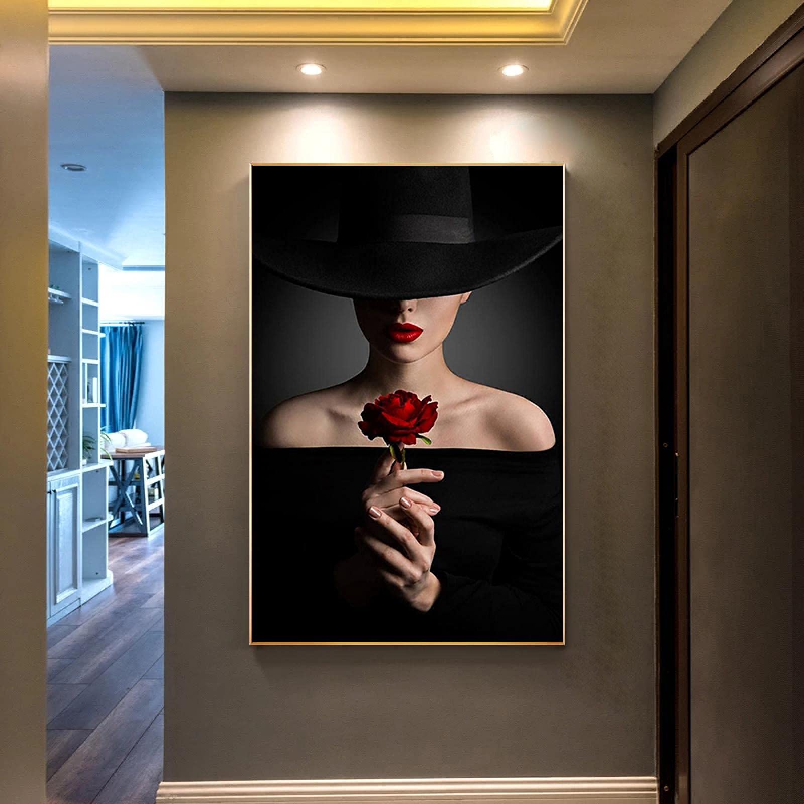 Dsdsgog Frameless Sexy Woman With Red Lips And Roses Posters And Prints Wall Art Canvas Painting Wall Pictures For Living Room Home Decor 60X80cm