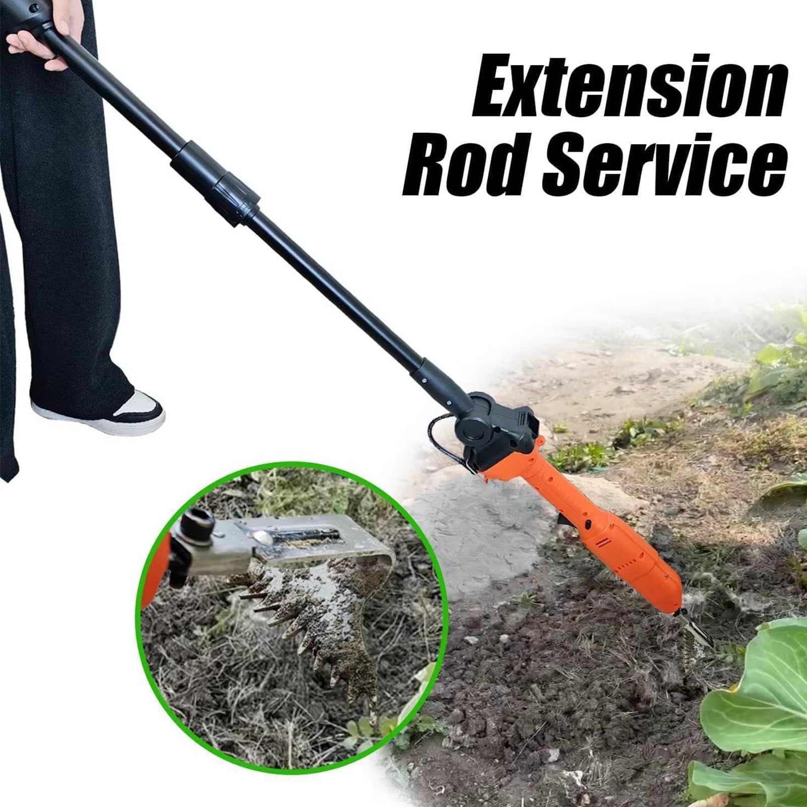 Déserbeur Électrique de Jardin Sans Fil, Cultivateur à Main avec Perche d'Extension et 2 Batteries, Houe Rechargeable Haute Vitesse pour le Desserrage Efficace du Sol