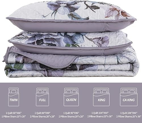 Miniatura 7 de Juego de edredón floral de 2 piezas tamaño individual, juego de edredón floral bohemio morado de microfibra suave, ligera, colcha acolchada morada