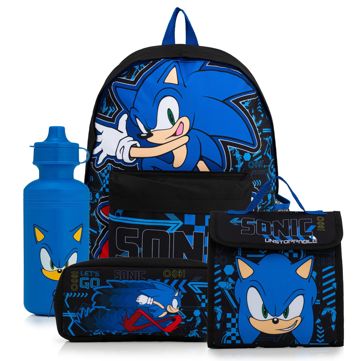 Mochila escolar Sonic The Hedgehog con bolsa de almuerzo, estuche y botella de agua, para niños con correas acolchadas ajustables