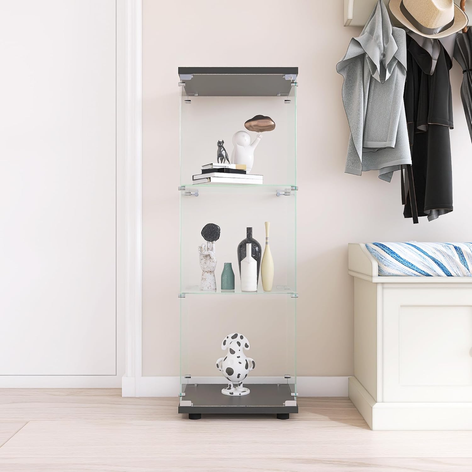 Glass Display Cabinet, 3 Shelves Glass Curio Cabinet Display Case, Floor Standing Glass Bookshelf Corner Cabinet for Living Room Bedroom Home Officee, 49.3" H x 16.7" W x 14.3" D, Black