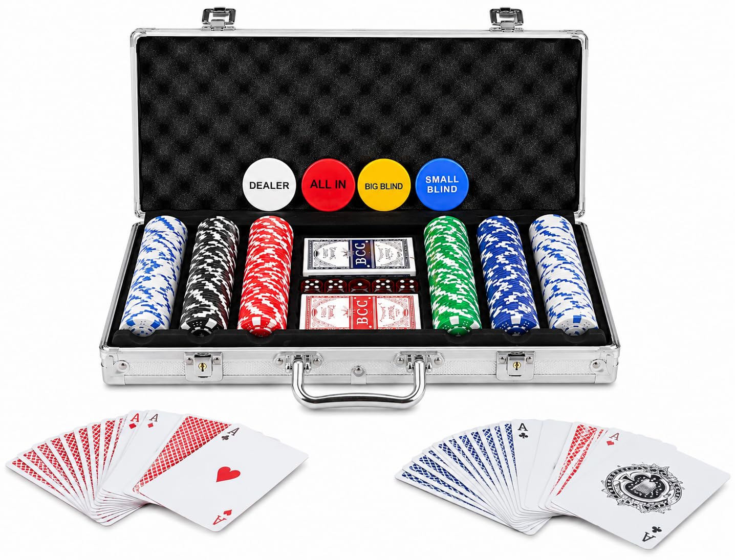 Unibos | 300 Chip Poker Set With Aluminium Style Carry Case, Texas Hold’em Casino Game Set With 2 Decks Of Playing Cards, 5 Dice & Dealer Blind Buttons, Poker Game For Adults, Parties & Game Nights