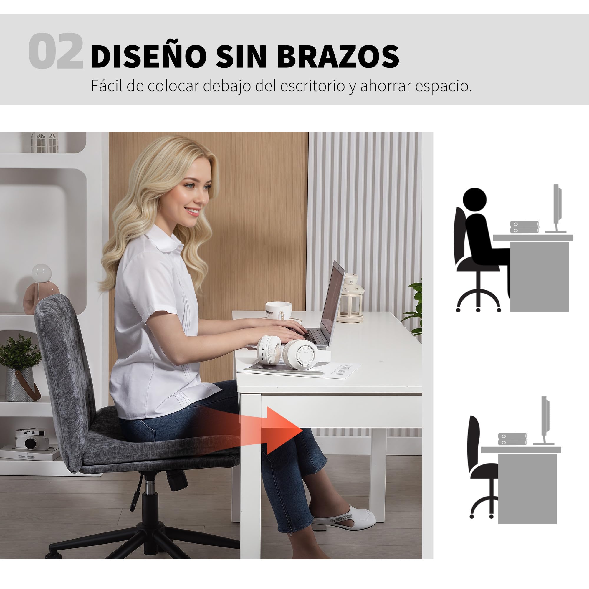 HOMCOM Silla de Oficina Piernas Cruzadas, Ruedas, 62x67x83-93 cm, Gris | Silla de Escritorio, Asiento Ancho, sin Reposabrazos, Altura Ajustable, Giratoria, Función Basculante, Tapizada en Chenilla