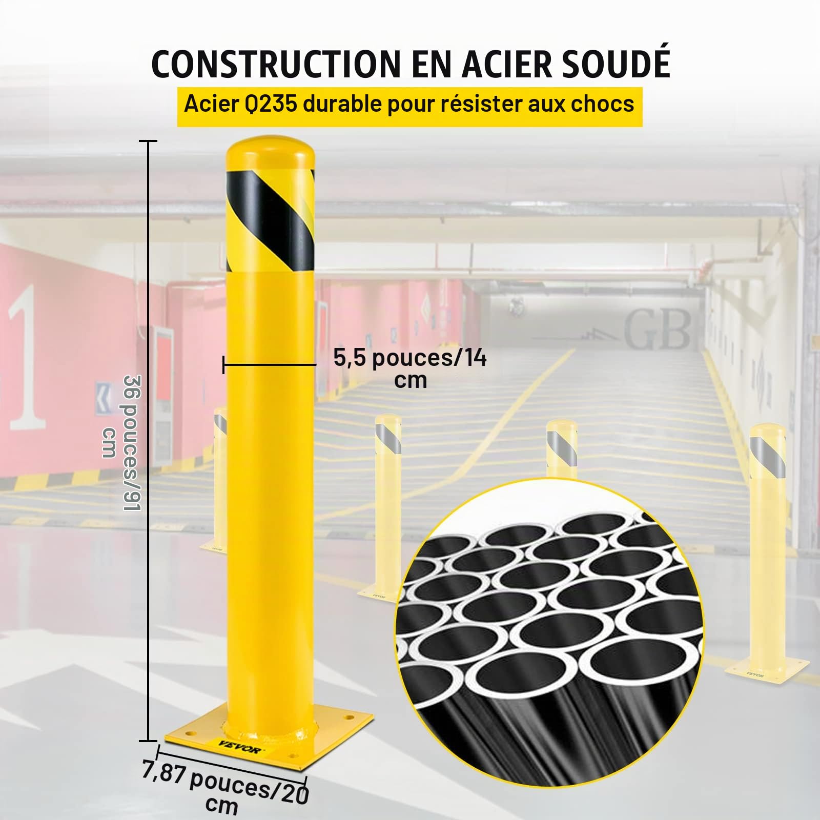 VEVOR Bollard de Sécurité 91x14 cm 2PCs, Borne de Sécurité en Tuyau d'Acier, Revêtement en Poudre Jaune, Barrière de Sécurité avec 8 Boulons d'Ancrage pour Parking, Stationnement, Piétons, Écoles