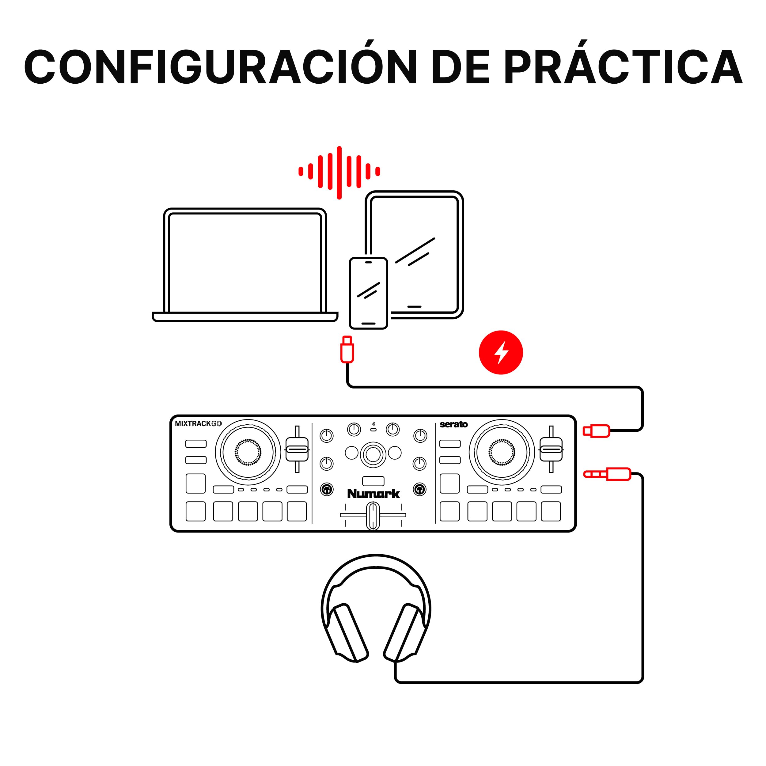 Numark Mixtrack Go Controlador DJ Bluetooth Compacto con Stems Control | Mixer DJ de 2 decks, principiantes y DJs móviles, Smart Fader, USB-C, Serato DJ Lite & Algoriddim djay, Gen 4