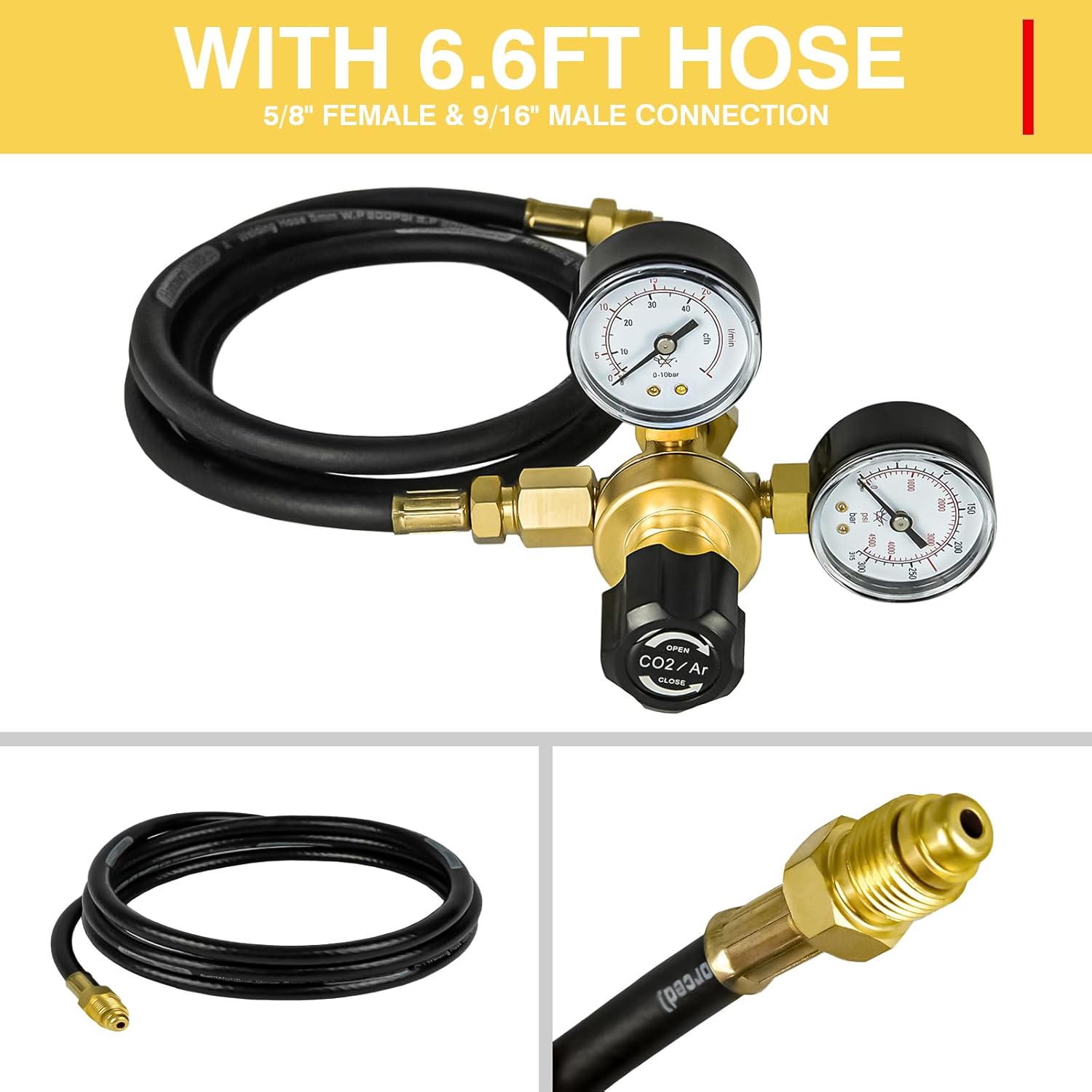 CO2 Argon Regulator Gauges Gas Welding, 0-4500PSI Argon Gas Regulator for Mig Tig Weld, CGA580 Inlet Connection (0-4500PSI Argon Regulator with Hose)