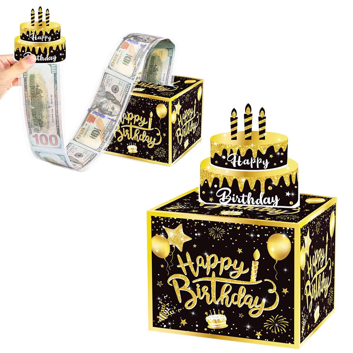 Lazynice Birthday Surprise Gift Box Explosion for Money, Surprise Money Roll Gift Boxes with Pull Out Card and 30Pcs Transparent Bags for Birthday Party Christmas Kids Men Women (Black)