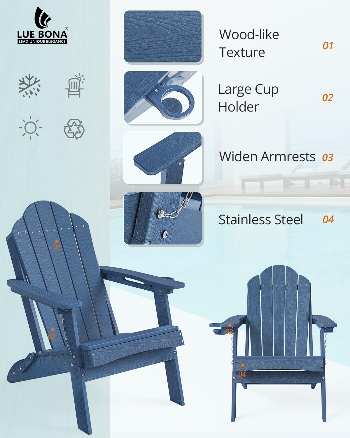 LUE BONA Folding Adirondack Chair, Chairs Set of 4, Cup Holder, Woodgrain, Fire Pit, Patio, Pool, Blue